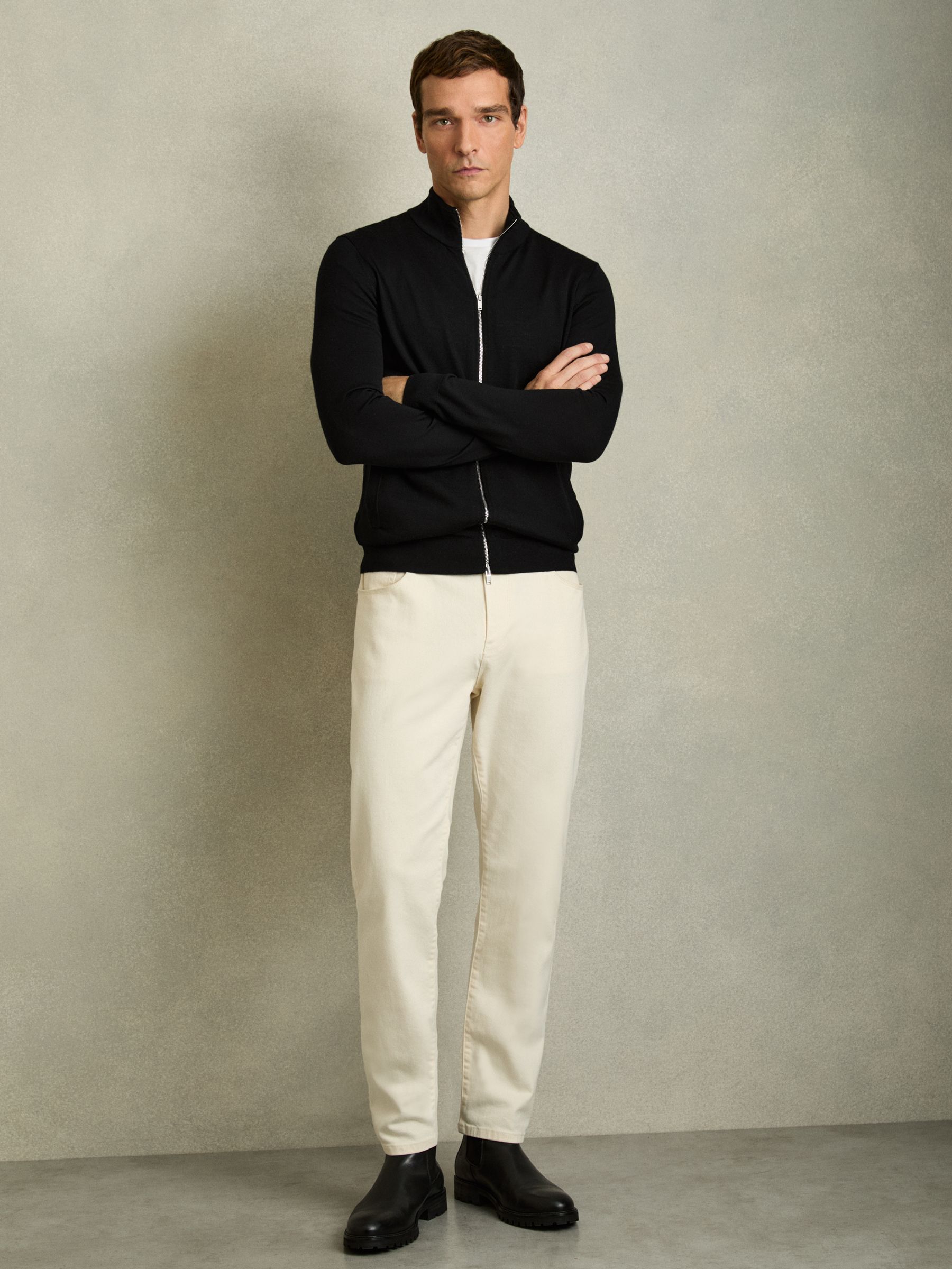 Merino Wool Zip-Through Cardigan in Black