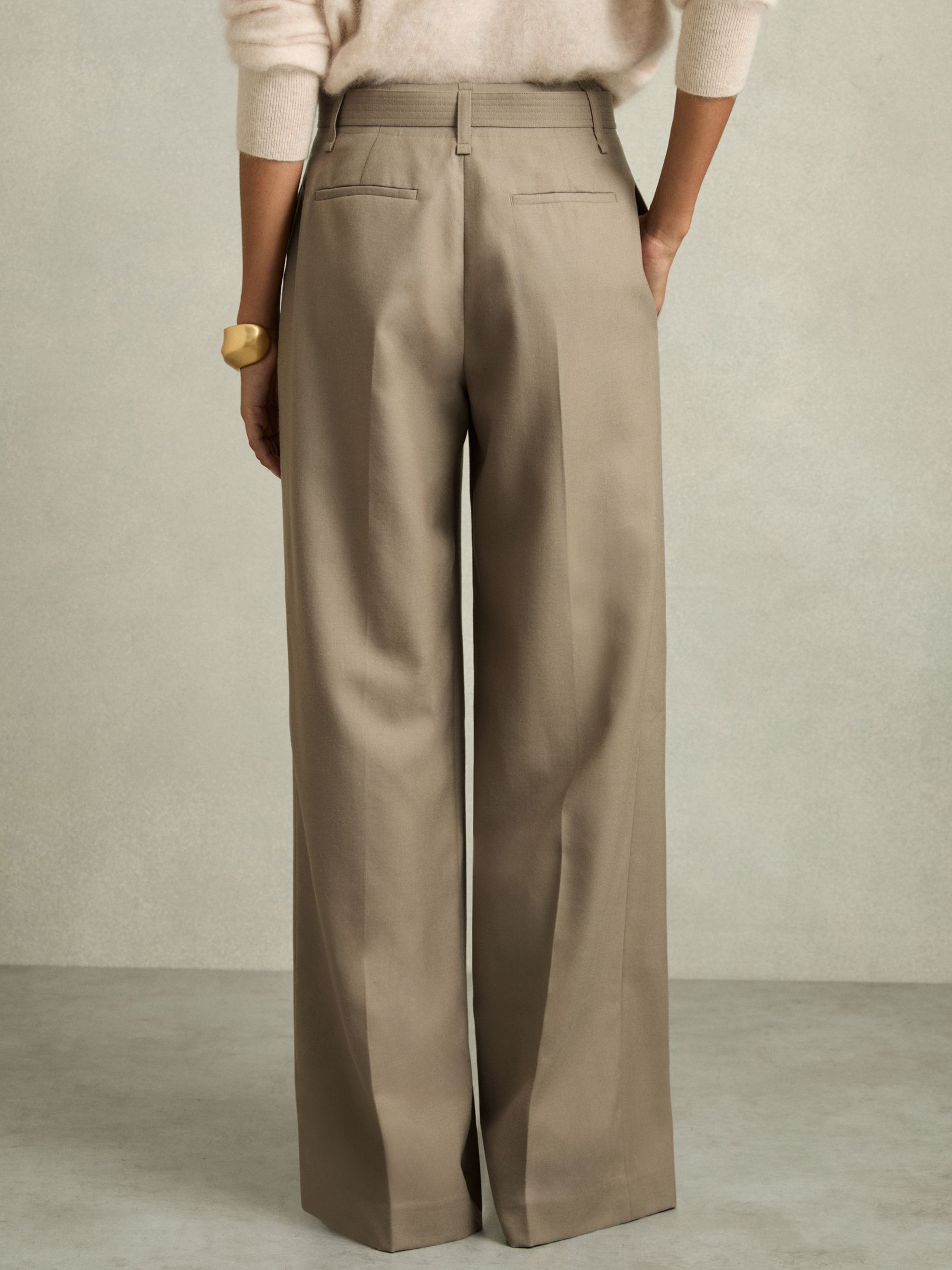 Wool Belted Wide-Leg Trousers in Neutral