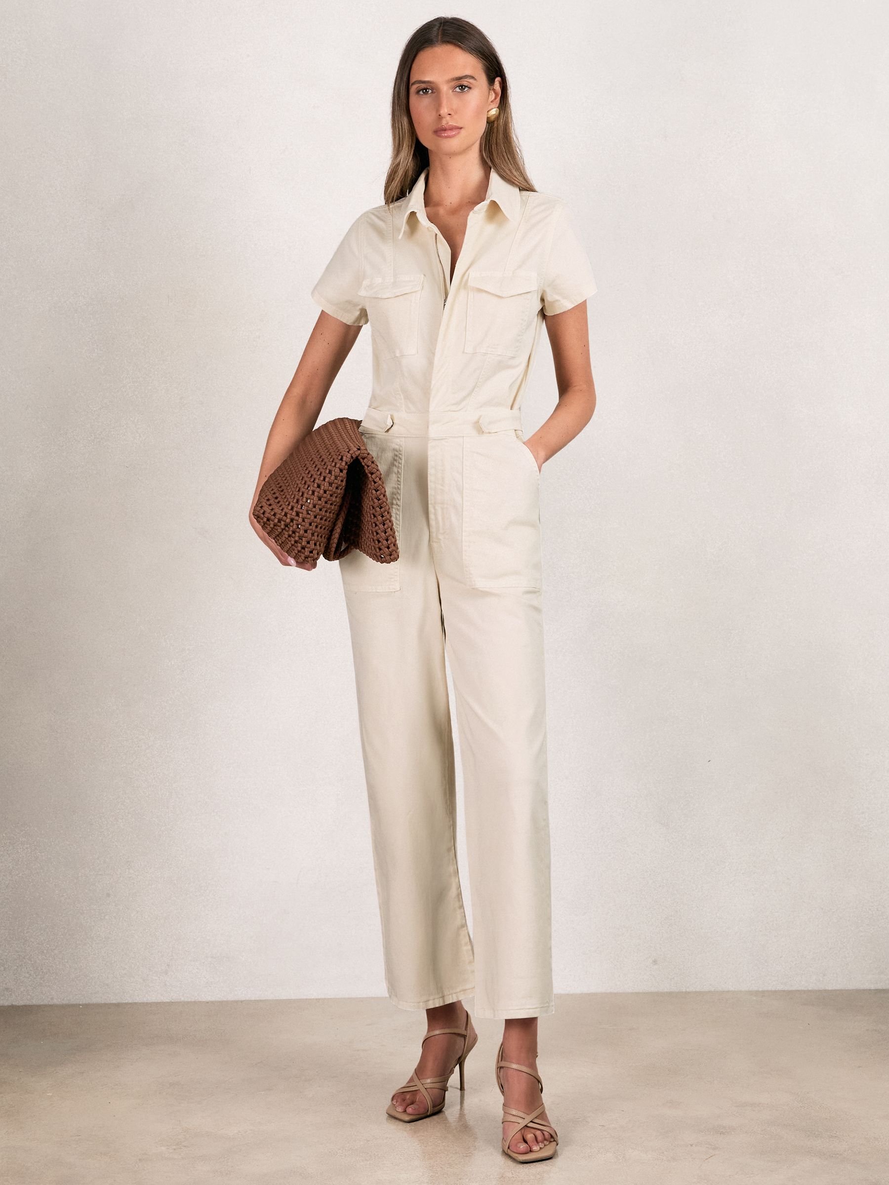 Good American Cotton Twill Jumpsuit with Stretch in Ecru