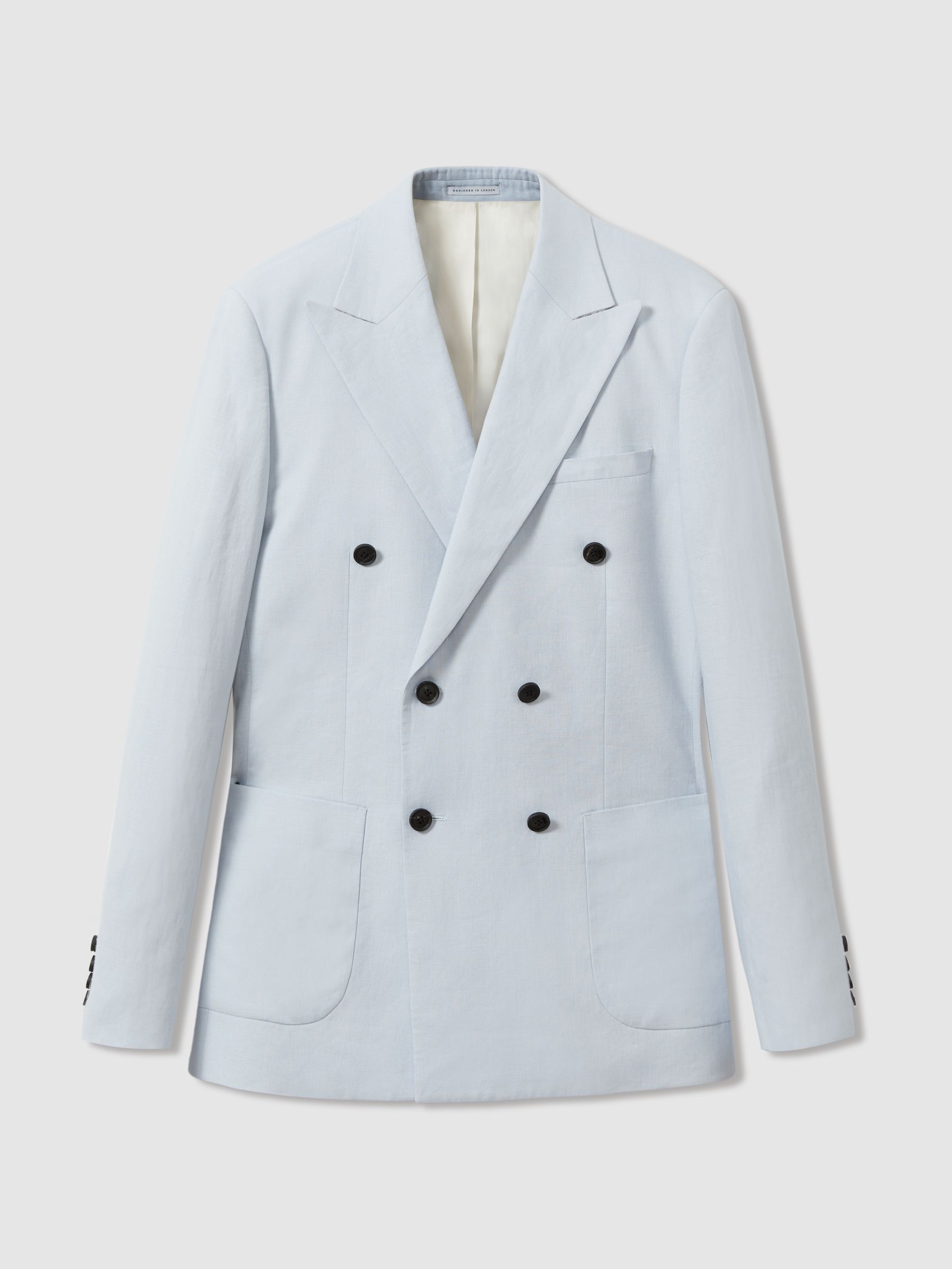 Double Breasted 100% Linen Slim Fit Blazer in Soft Blue