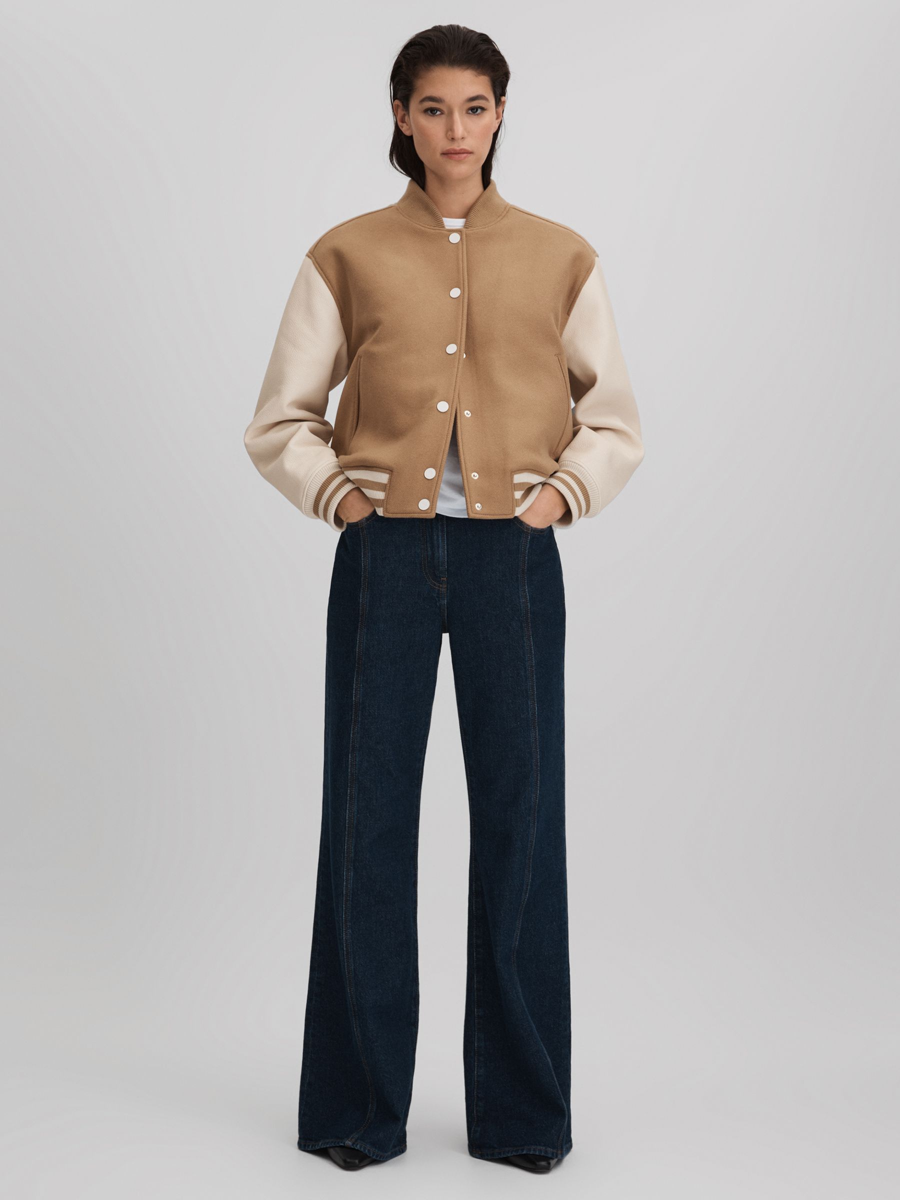 Premium Wool Blend Bomber Jacket in Camel/Cream