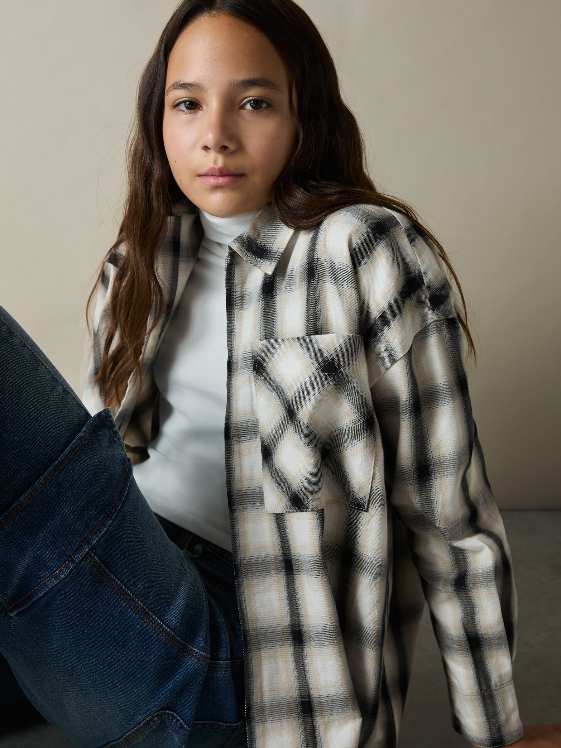 13-14 yrs Cotton Oversized Check Shirt in Grey