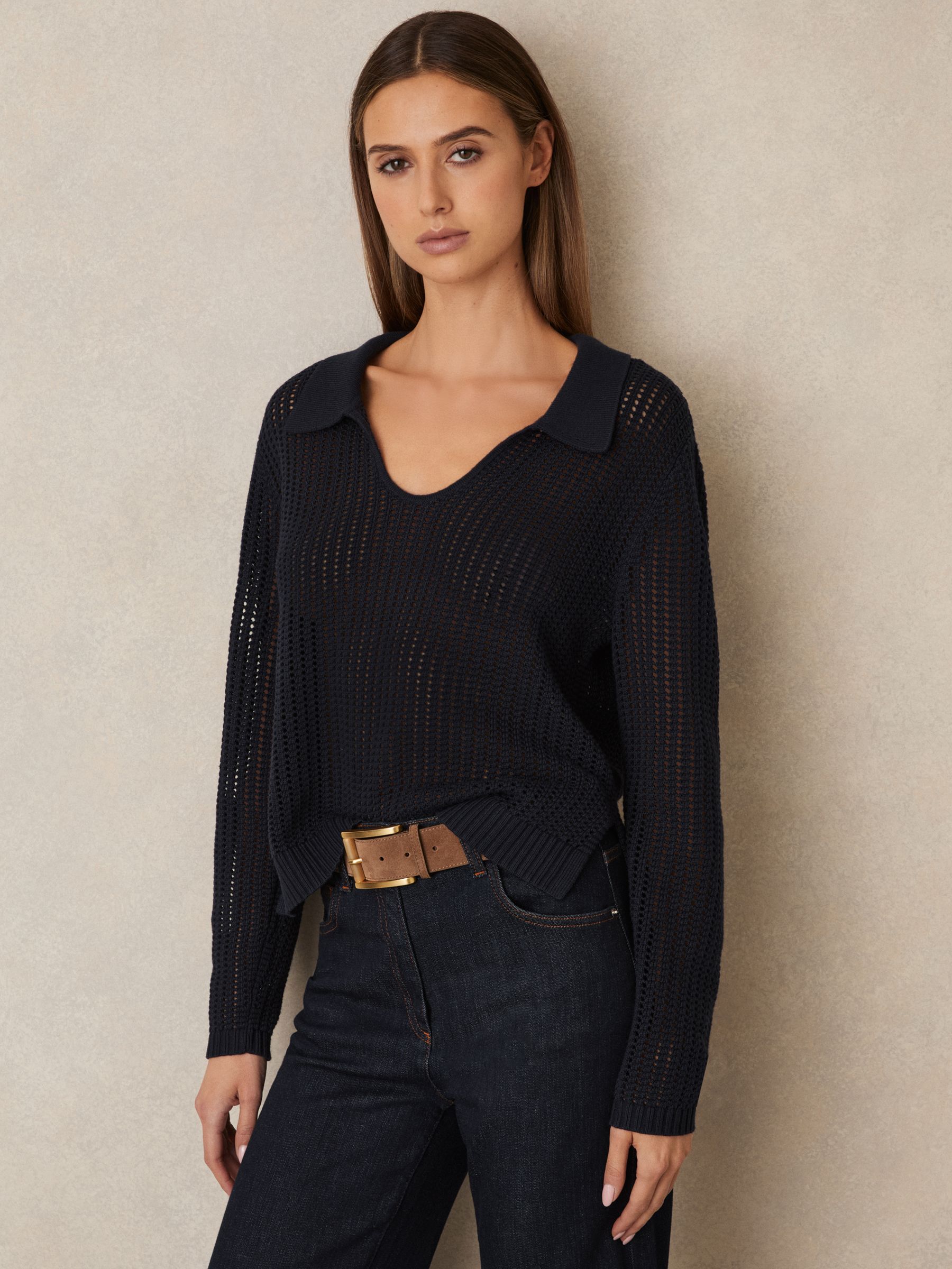 Cotton Blend Open Collar Jumper in Navy