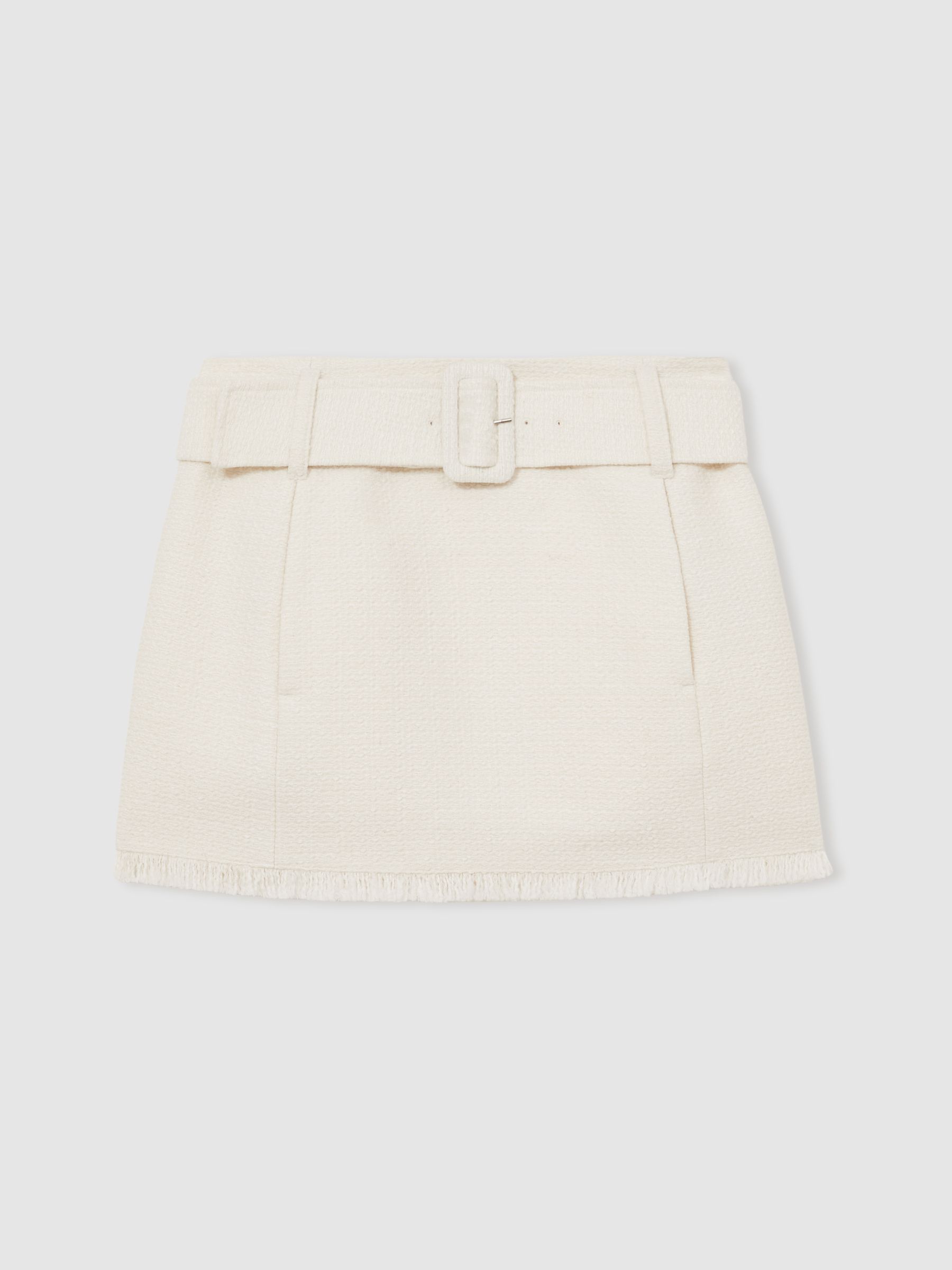 Bouclé Belted Mini Skirt With Wool and Cotton in White