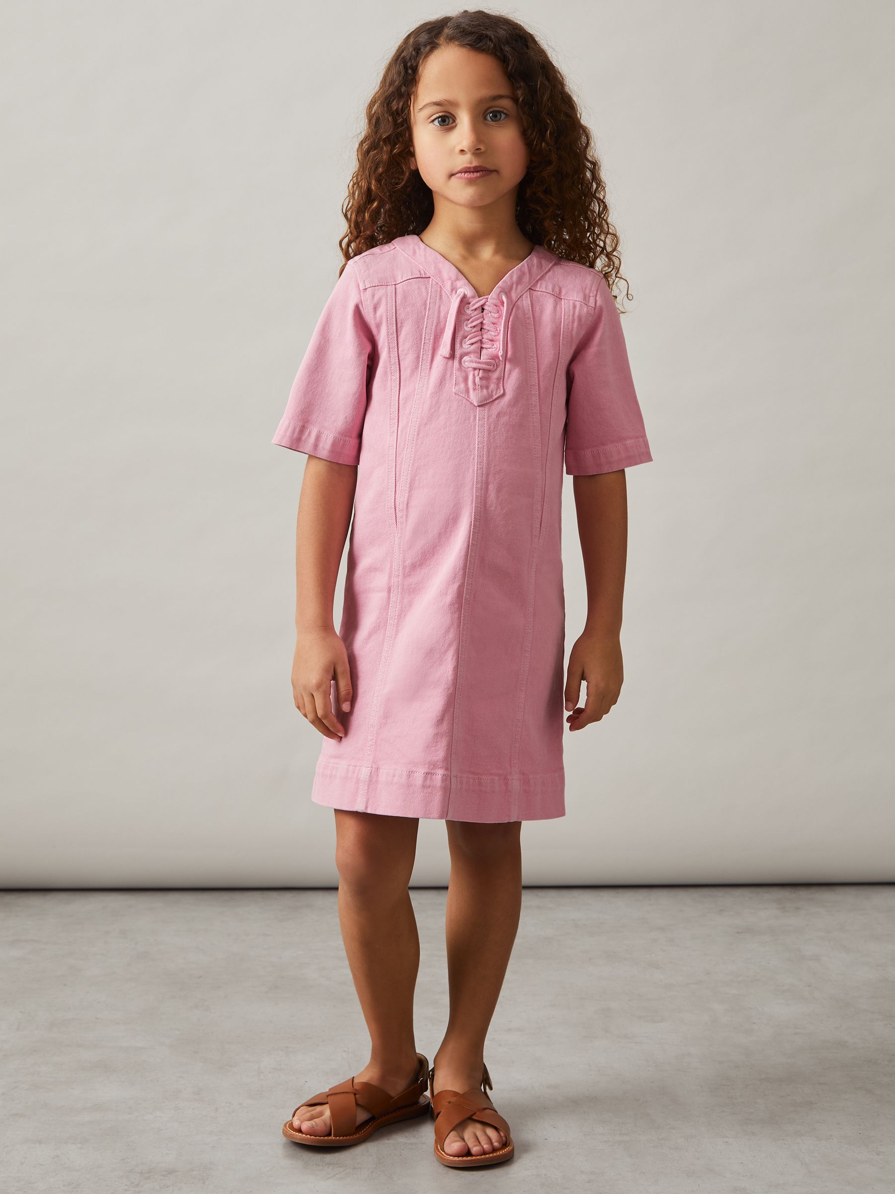 4-9 yrs Lace-Up Detail Denim Dress in Pink