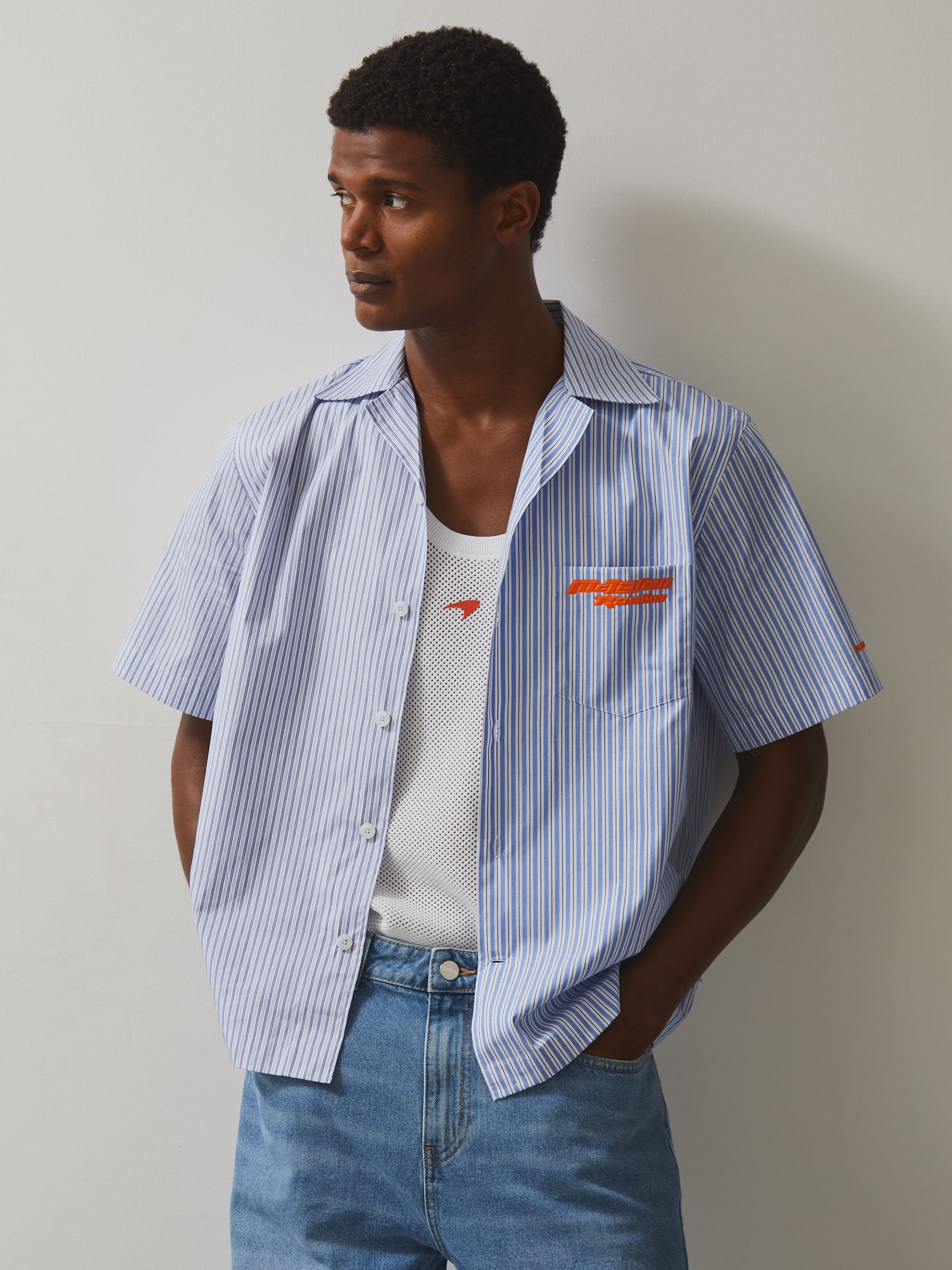 McLaren F1 Team Cuban Collar Striped Shirt in Soft Blue/White