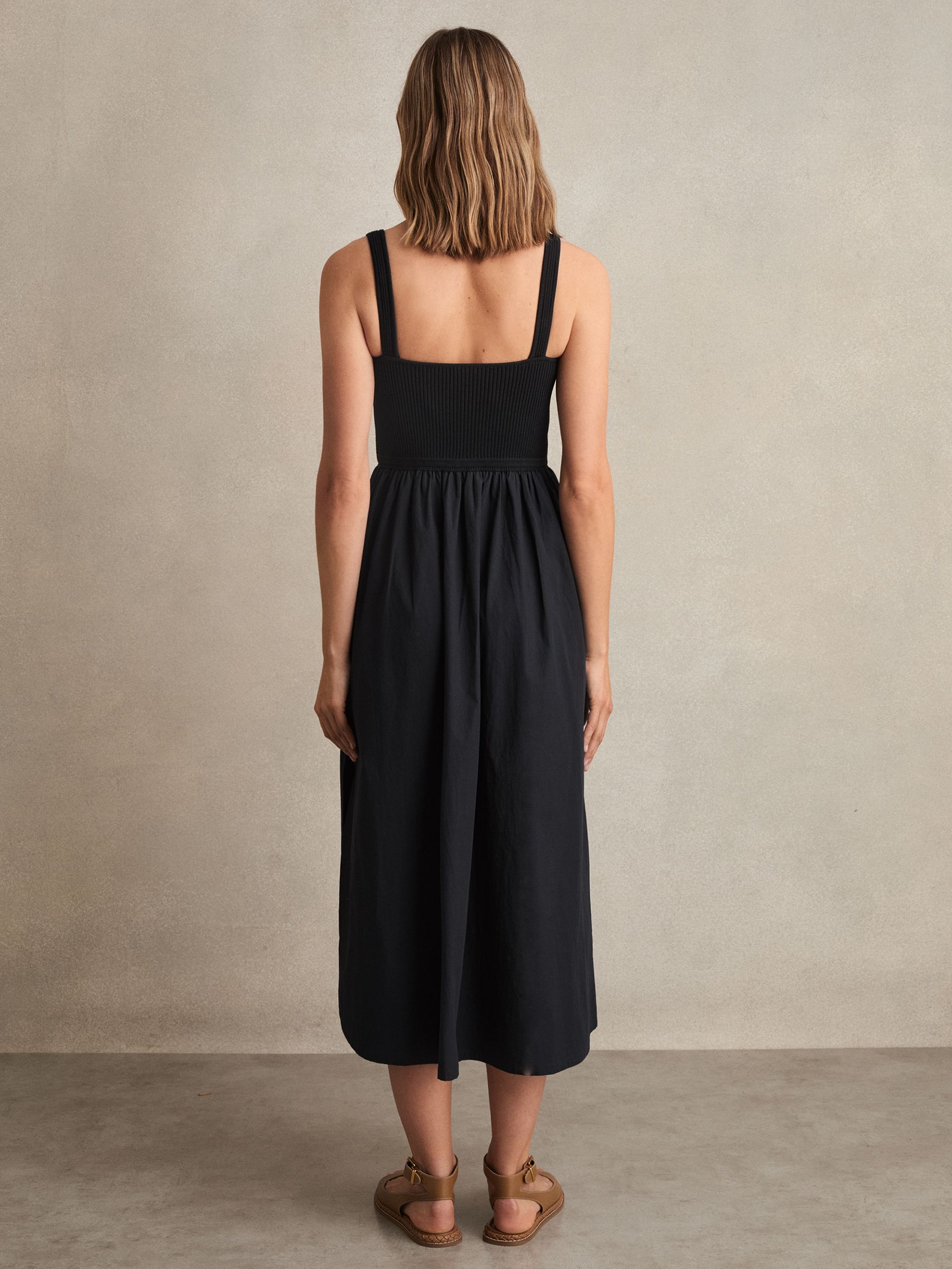 Perforated-Knit Cotton-Skirt Midi Dress in Navy