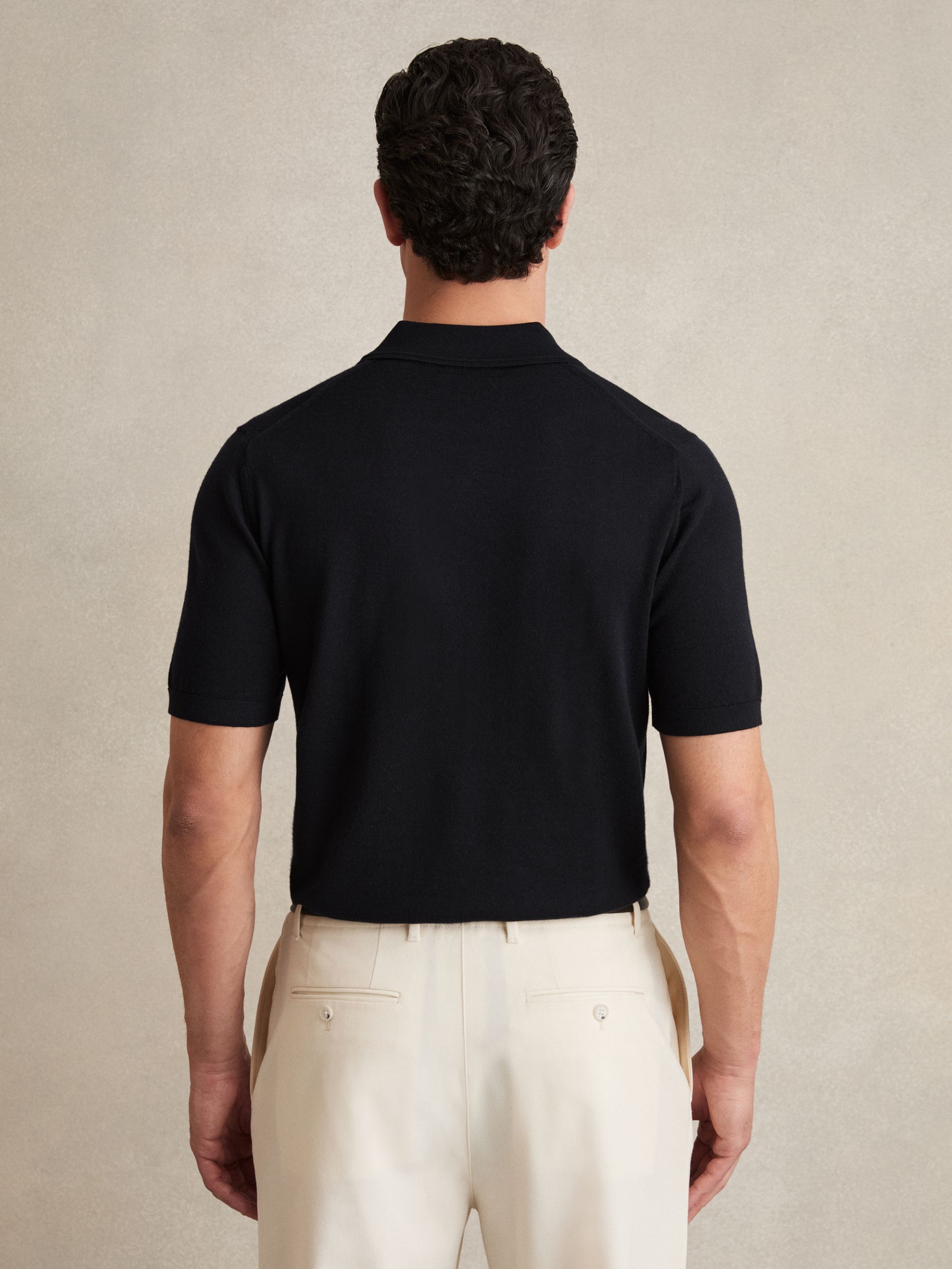 Merino Wool Open-Collar Polo Shirt in Navy