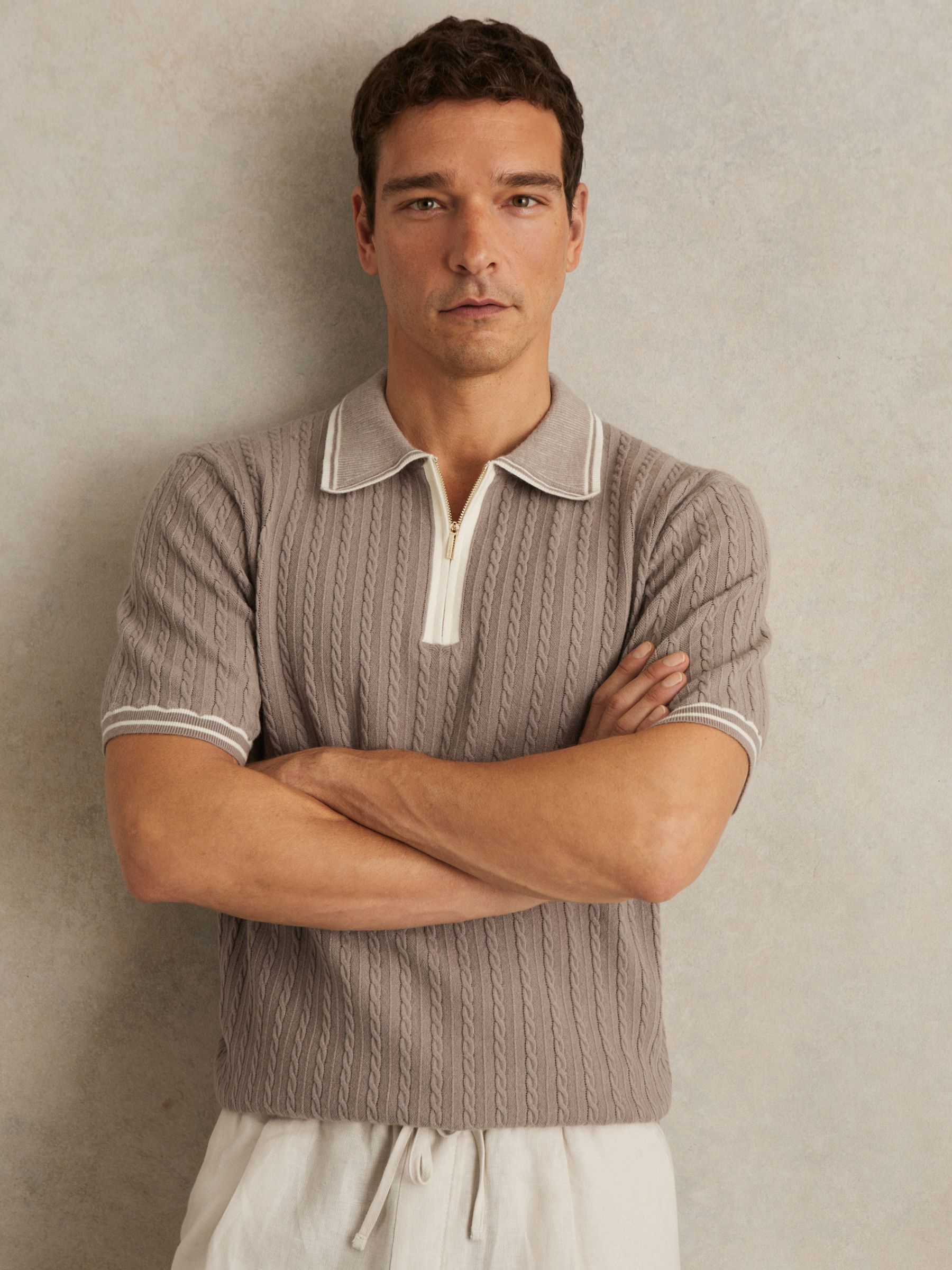 Micro-Cable Half-Zip Polo Shirt in Light Taupe Brown