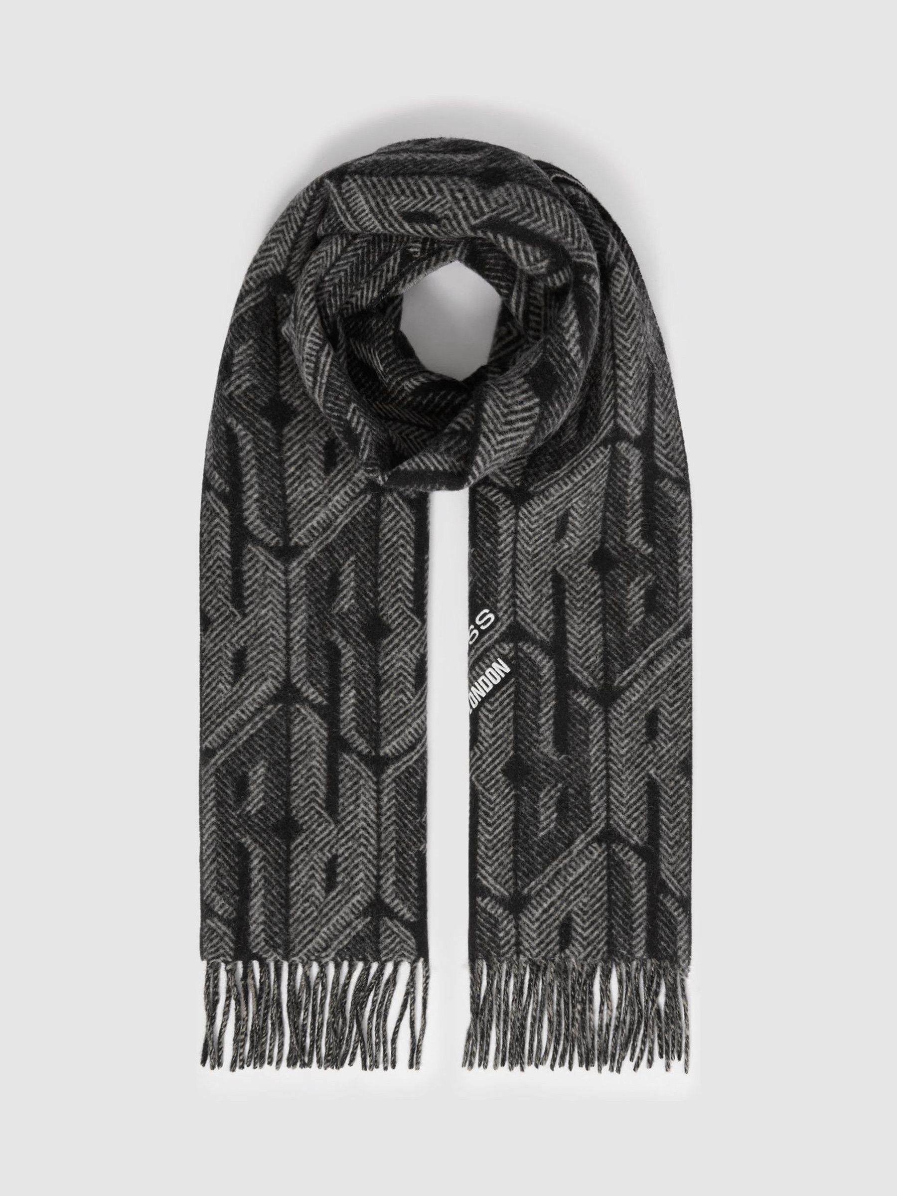 Wool and Cashmere Jacquard Scarf in Black/Grey