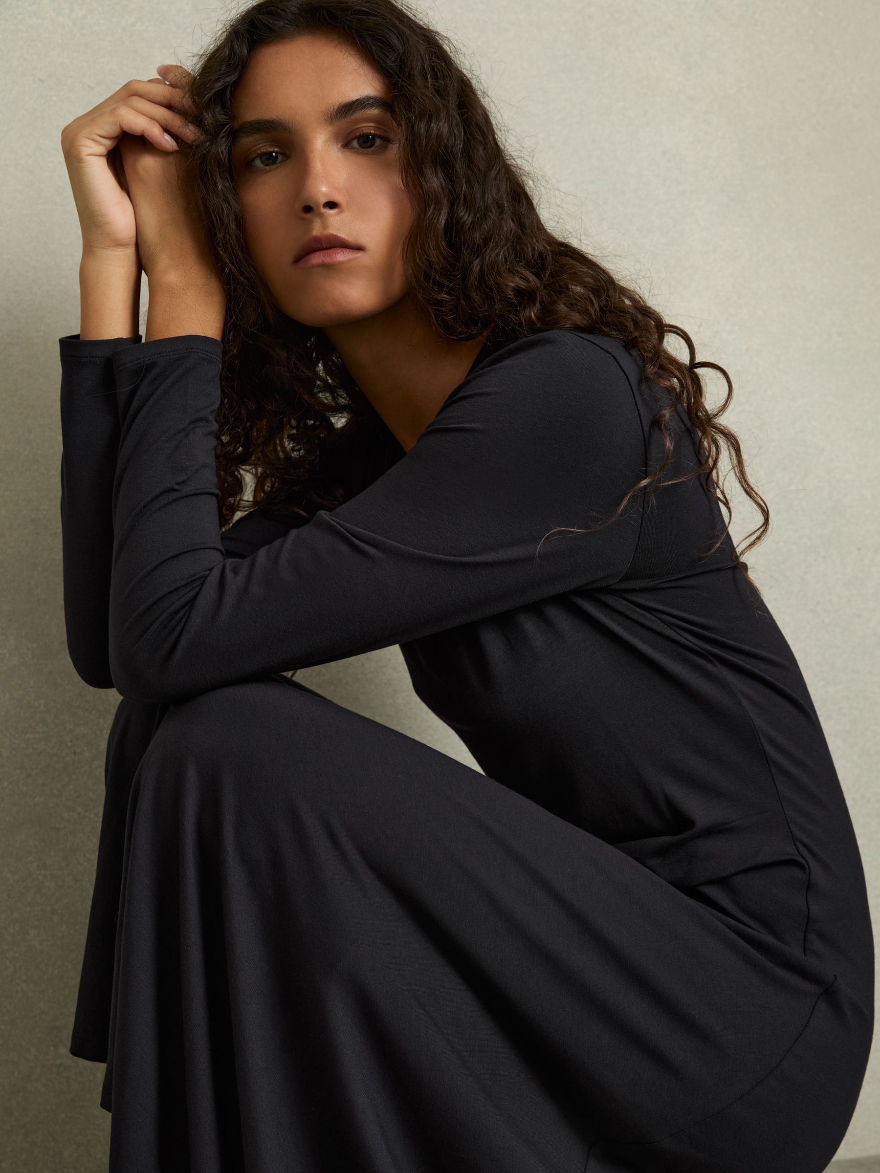 Jersey Draped Midi Dress in Navy