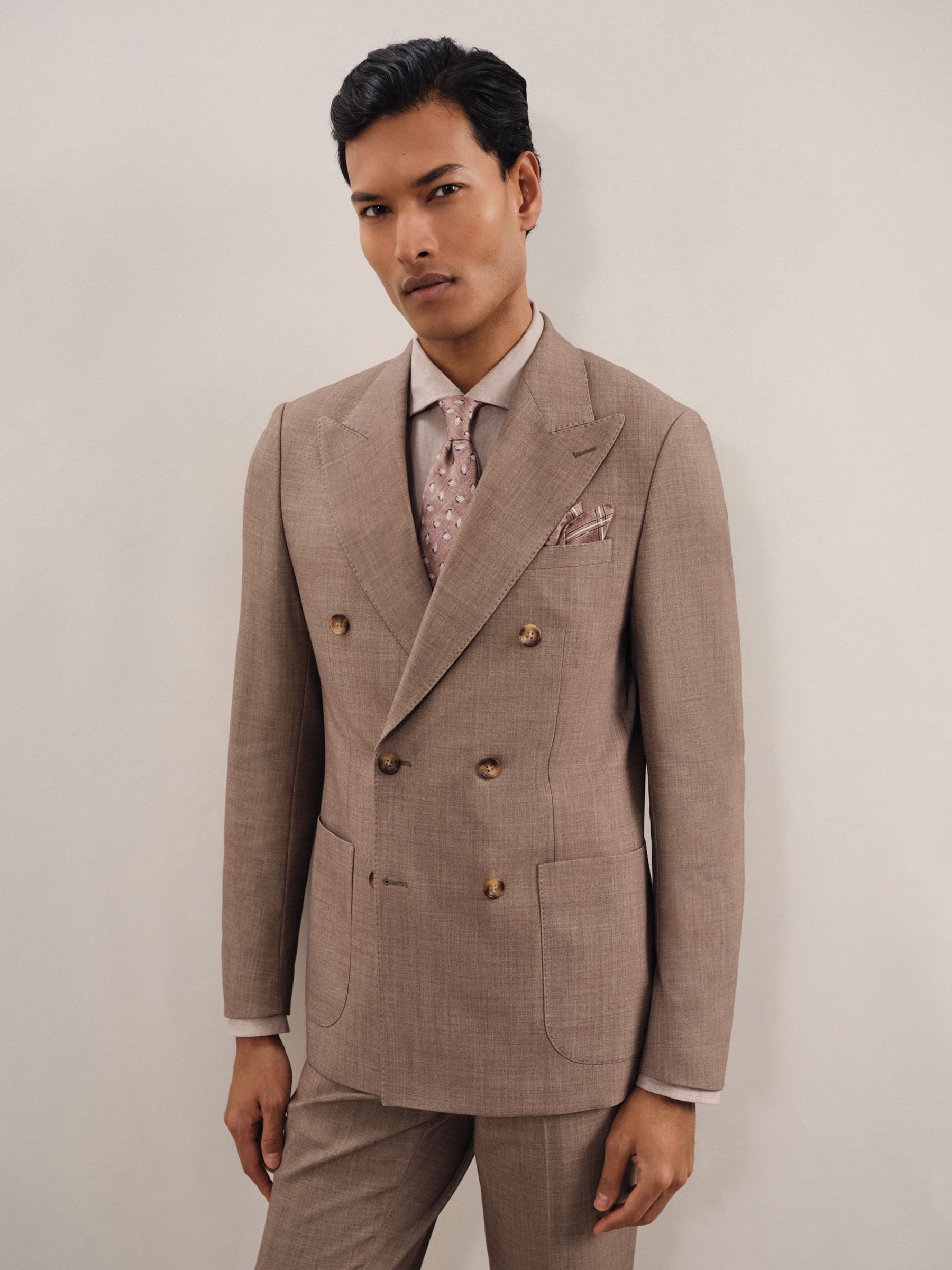 Double-Breasted Textured Suit Blazer With Wool Slim-Fit in Brown