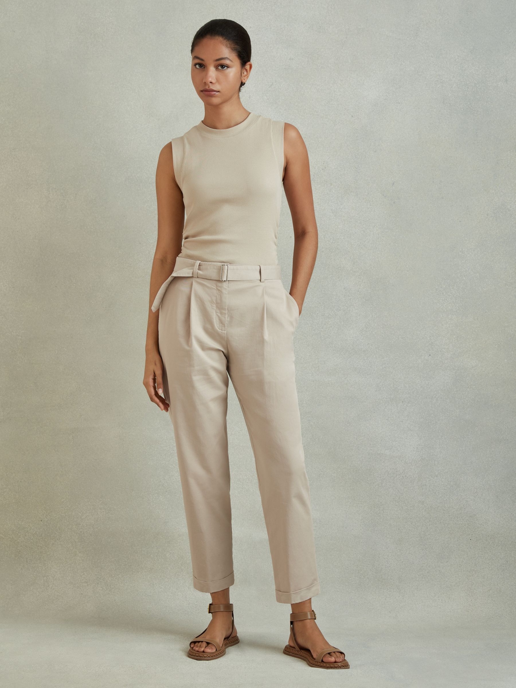 Cropped Cotton Blend Belted Trousers in Stone