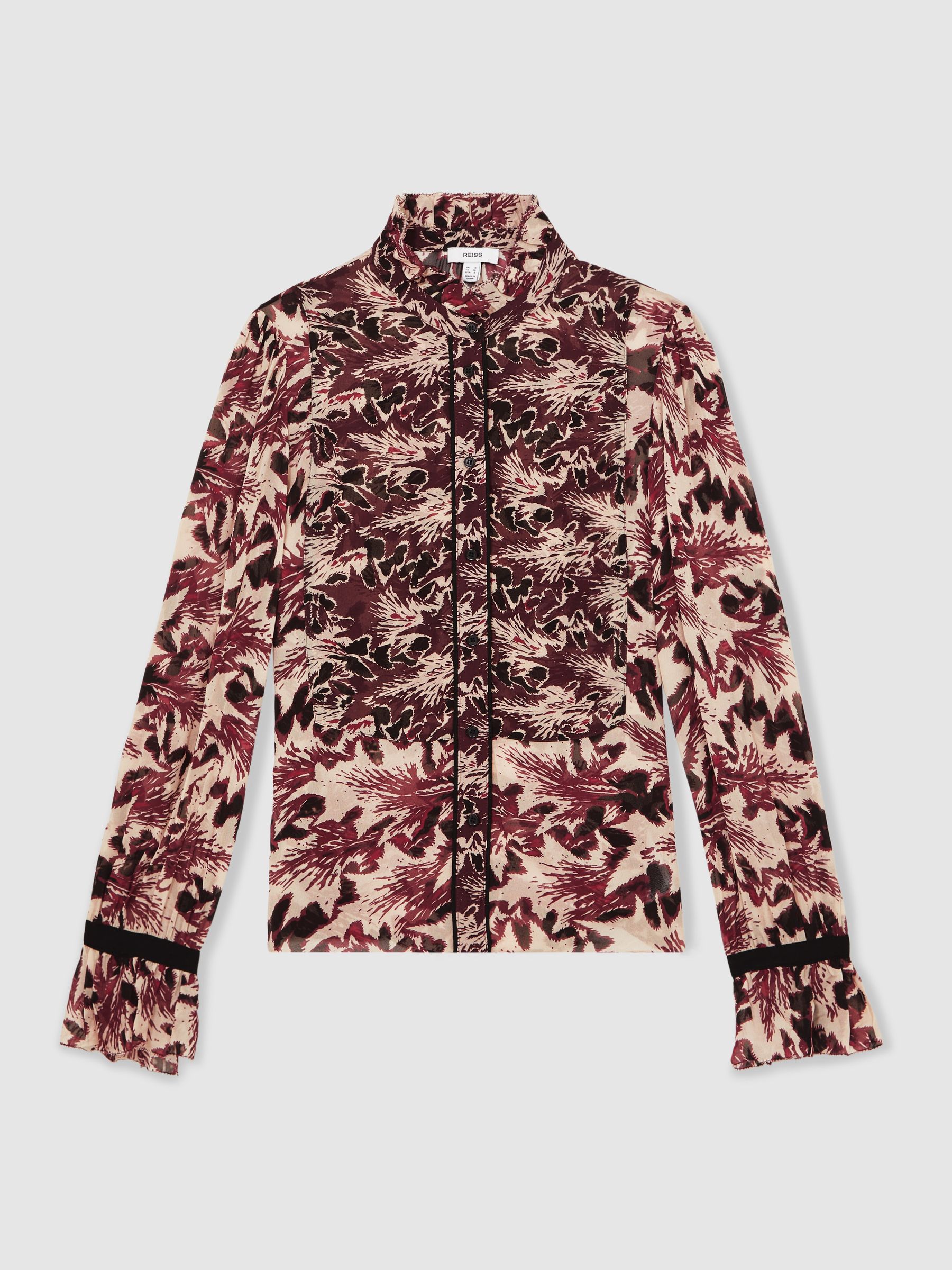 Abstract-Print Ruffle-Neck Shirt in Burgundy/Cream