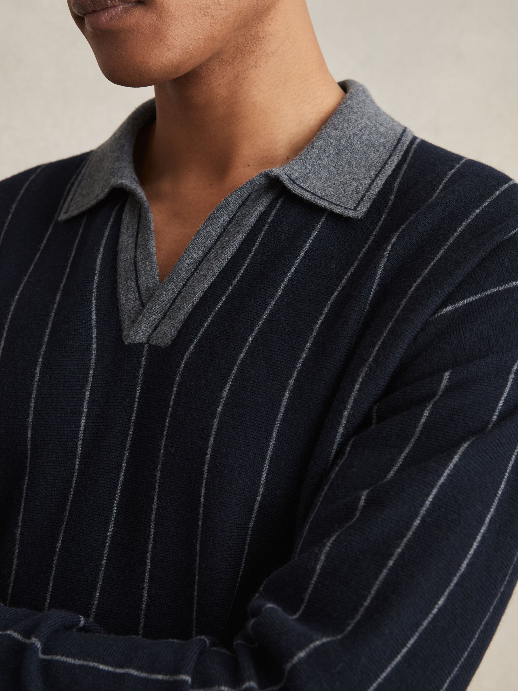 Wool Open-Collar Stripe Polo Shirt in Navy