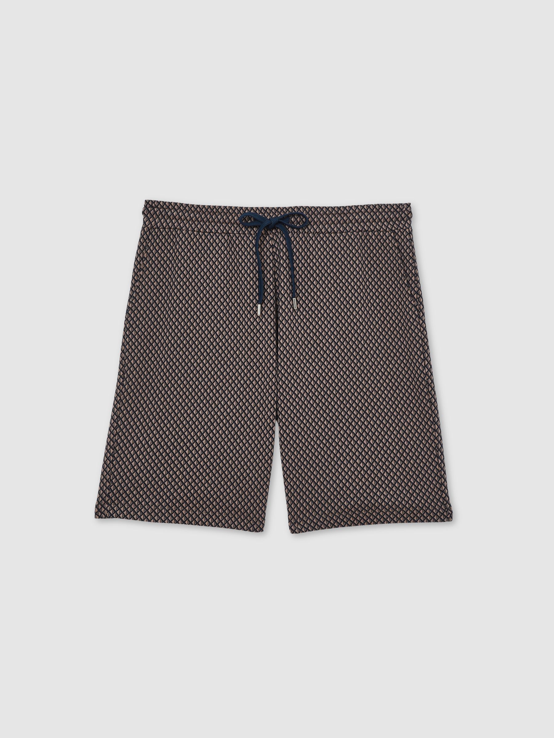 Geometric Jacquard Drawstring Shorts in Tobacco Brown/Navy