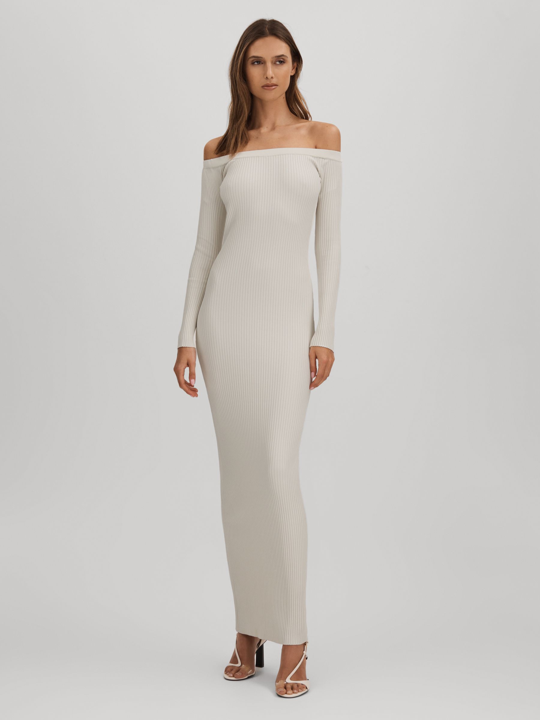 Good American Ribbed Off The Shoulder Maxi Dress in Cloud White