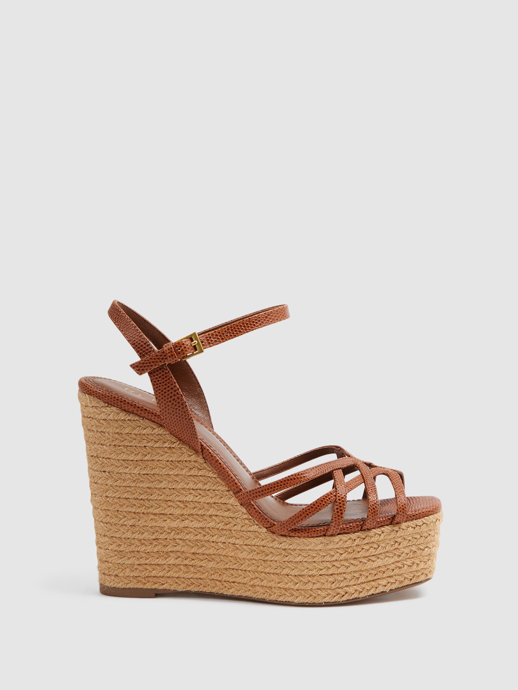 Leather Raffia Platform Wedge Heels in Tan