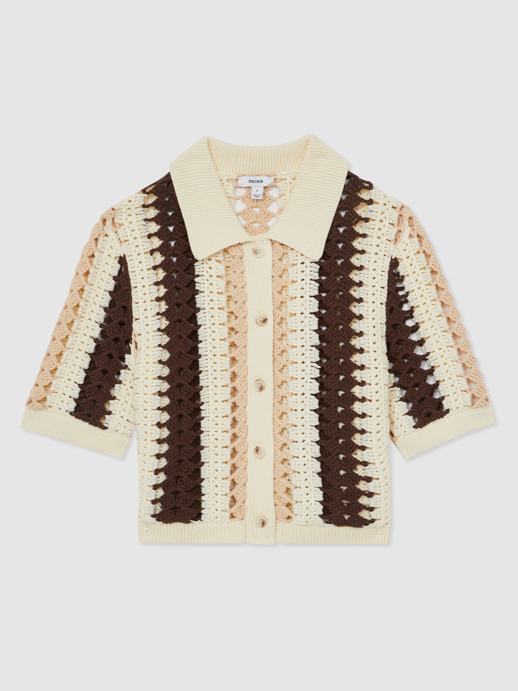 Cotton Crochet Striped Shirt in Cream/Brown