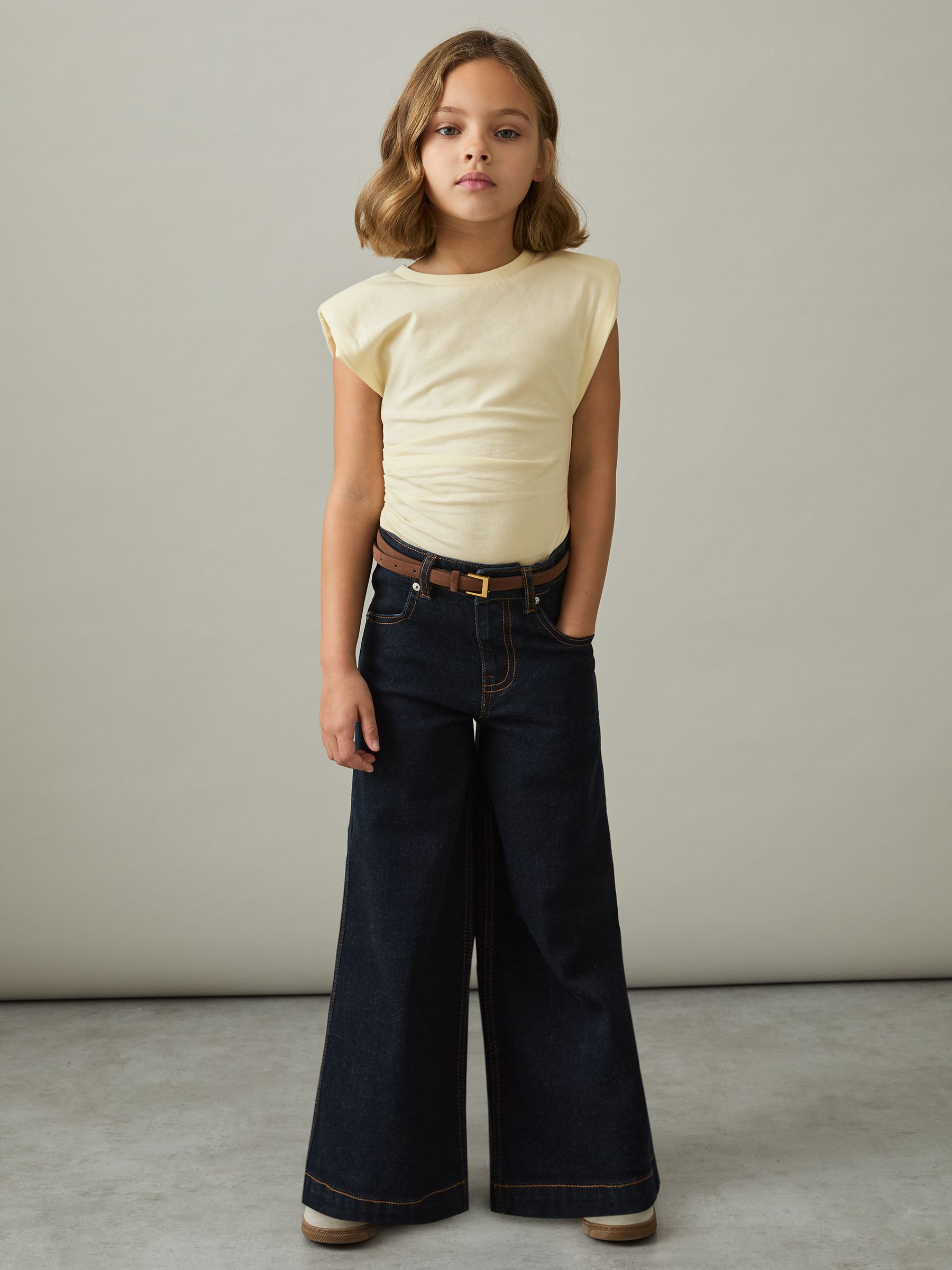 9-13 yrs Cotton-Jersey Cap-Sleeve Ruched Top in Lemon