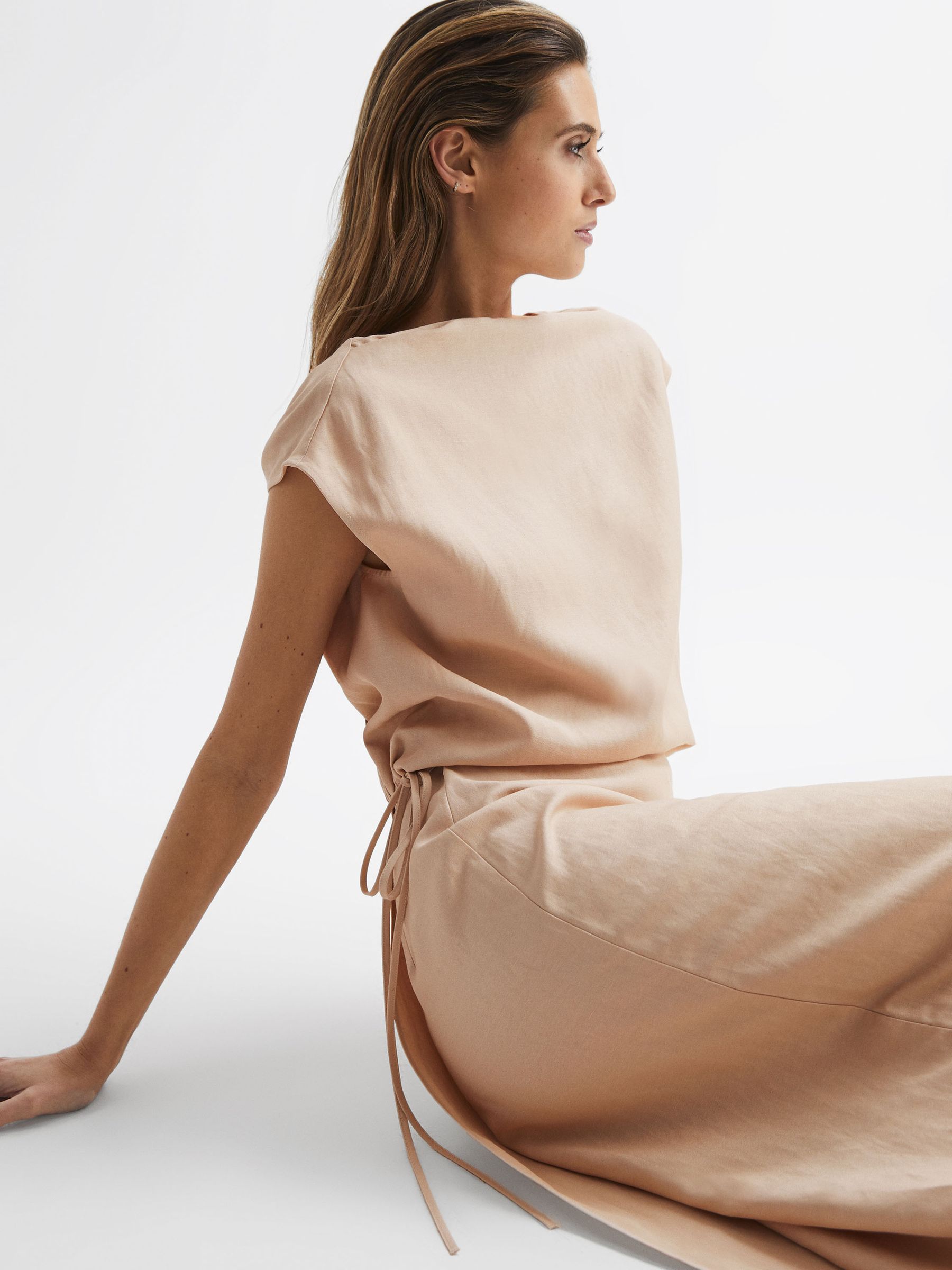 Premium Linen Blend Open-Back Midi Dress in Nude
