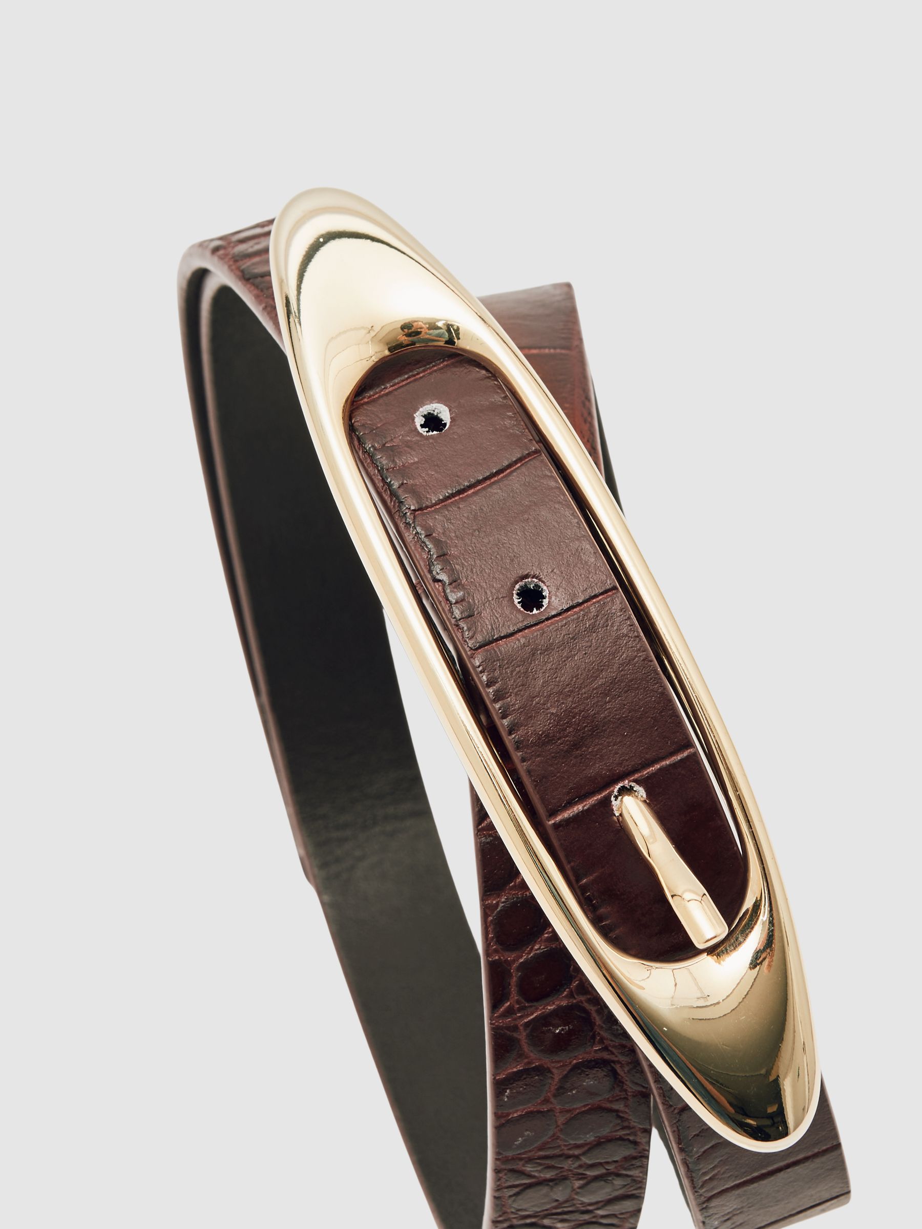 Croc-Effect Leather Oval-Buckle Belt in Burgundy