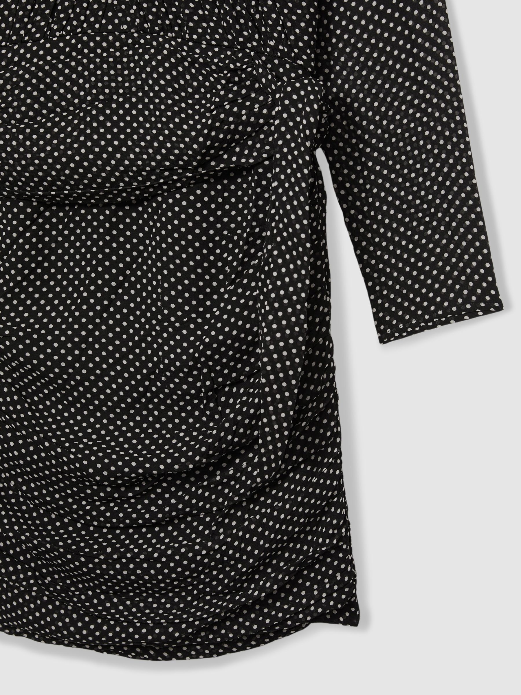 Gathered Polka-Dot Georgette Mini Dress in Black