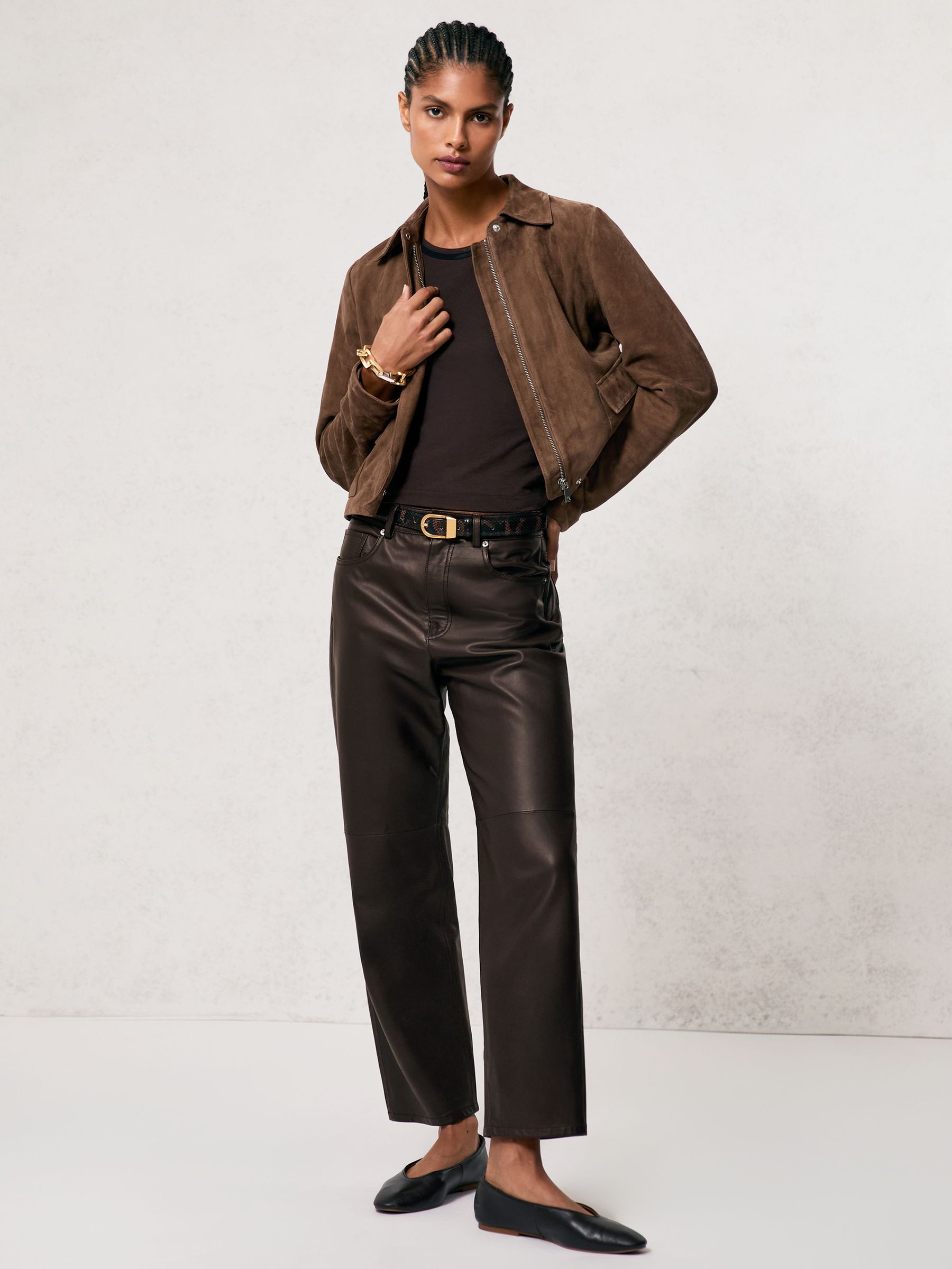 Petite Leather Slim-Leg Trousers in Chocolate