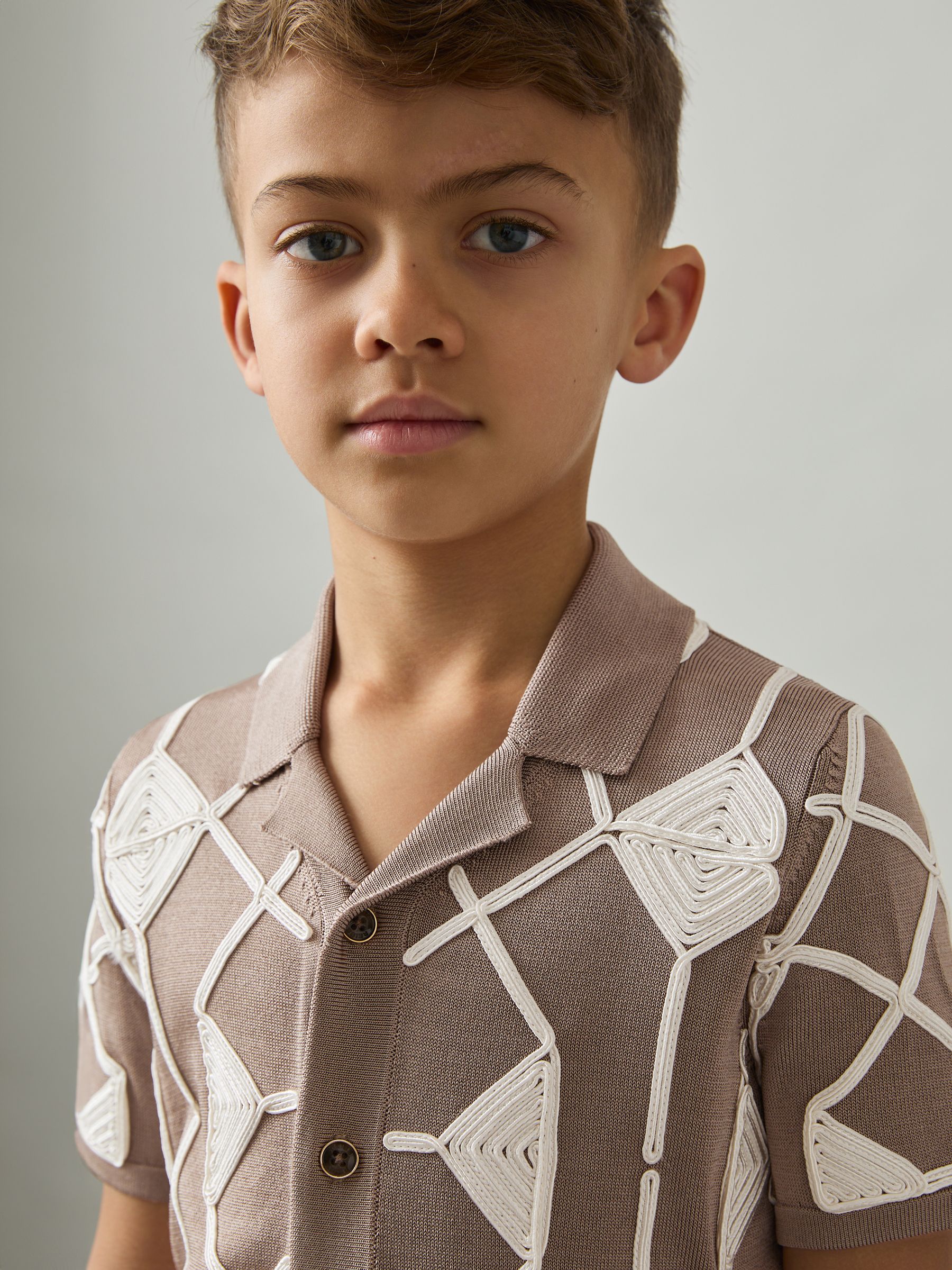 9-13 yrs Geometric Embroidery Knit Shirt in Mink Brown/ Off White