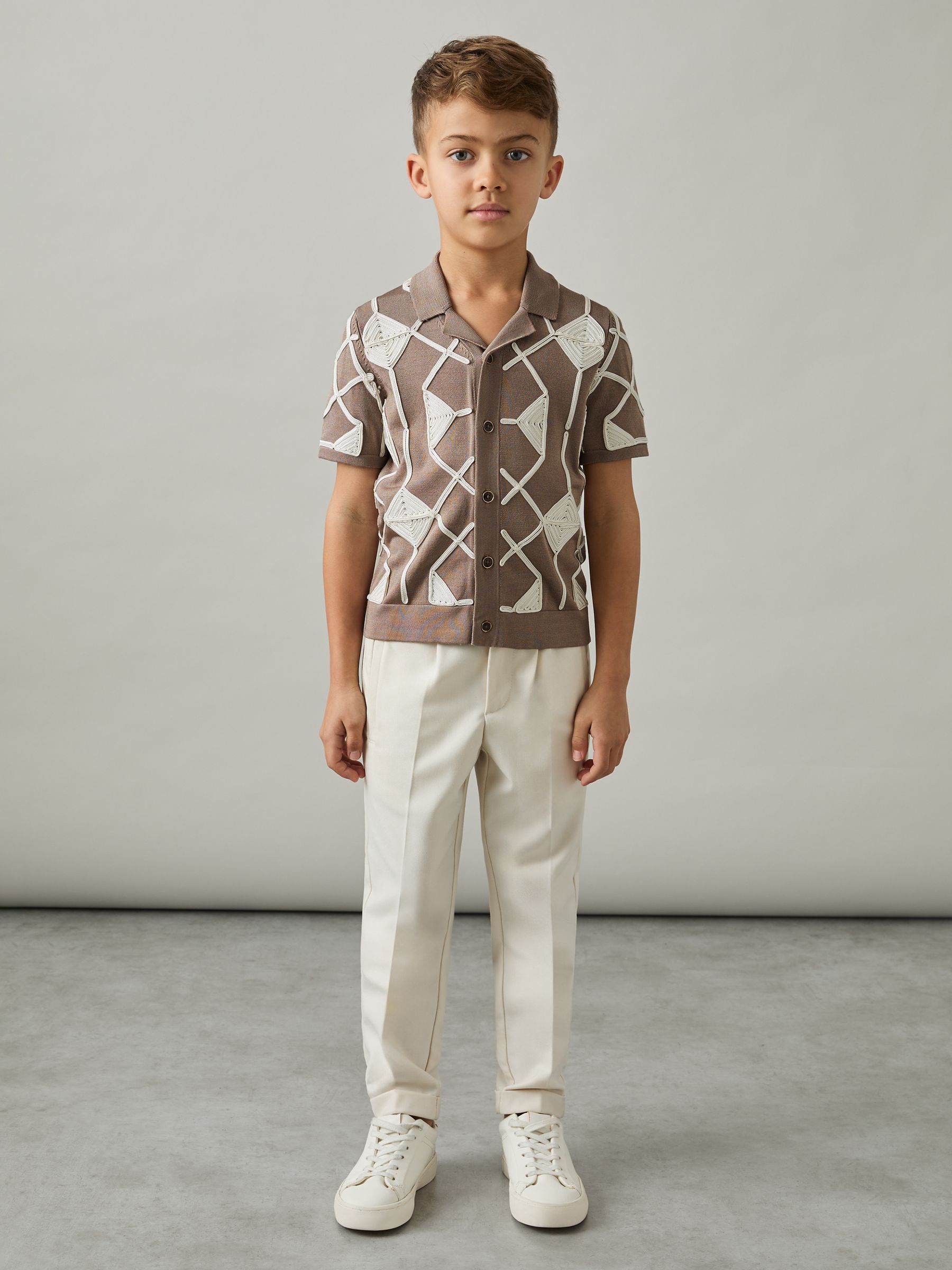 9-13 yrs Geometric Embroidery Knit Shirt in Mink Brown/ Off White