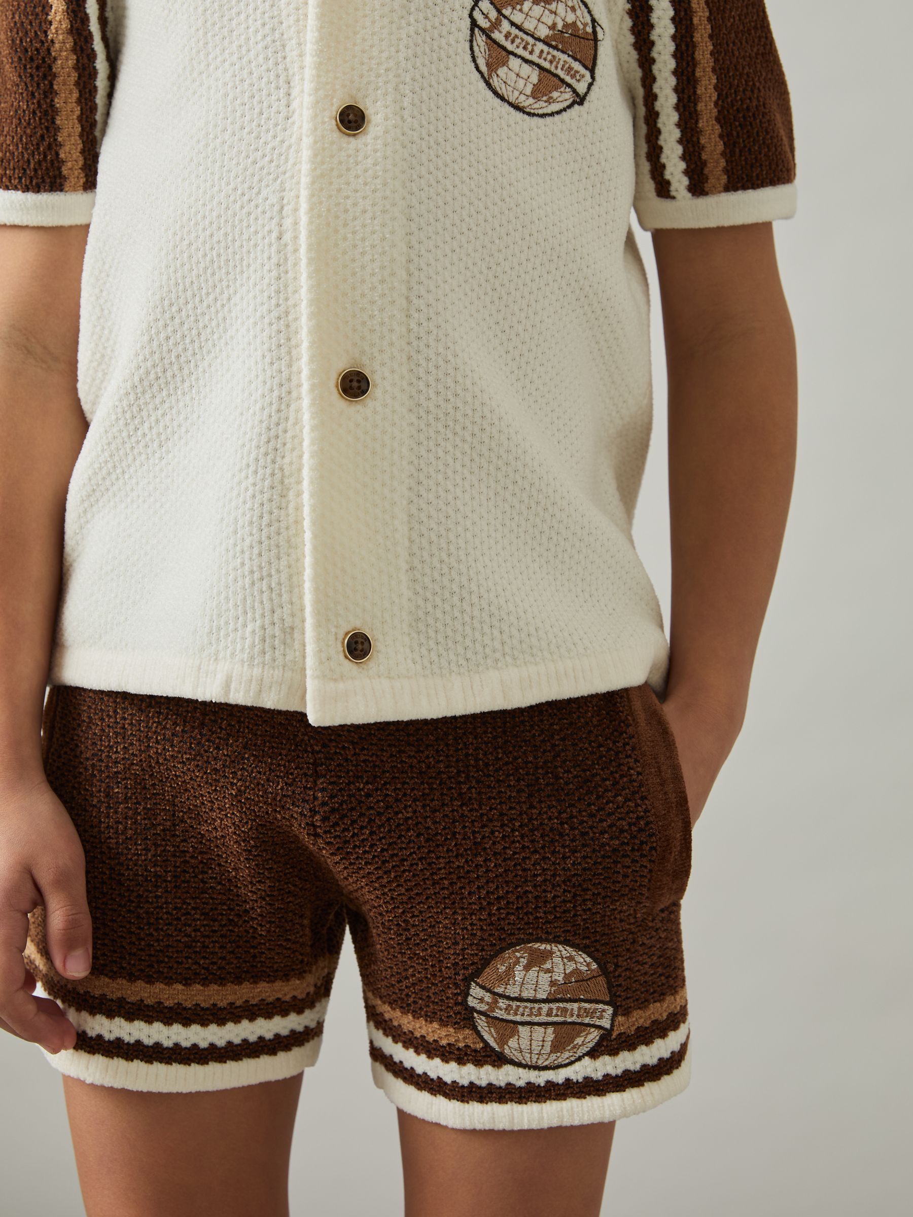 9-13 yrs Chenille Airlines Embroidery Shorts in Brown/Taupe Brown/White