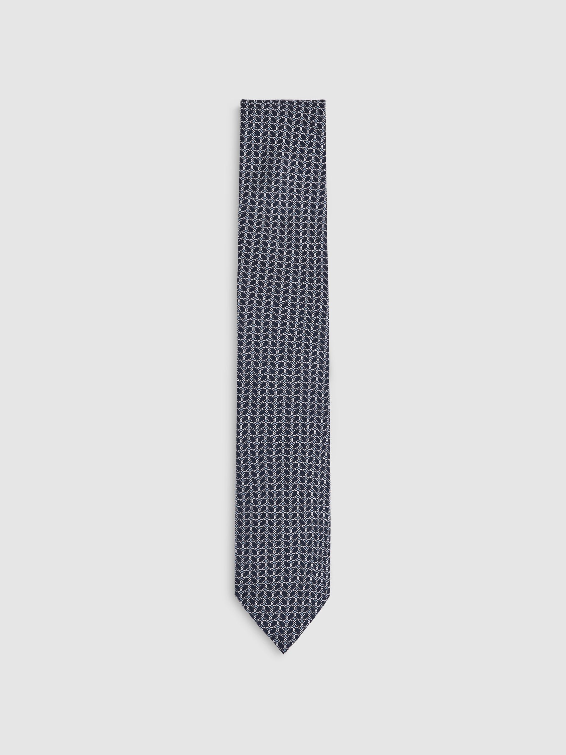 Silk Geometric-Chain Print Tie in Navy
