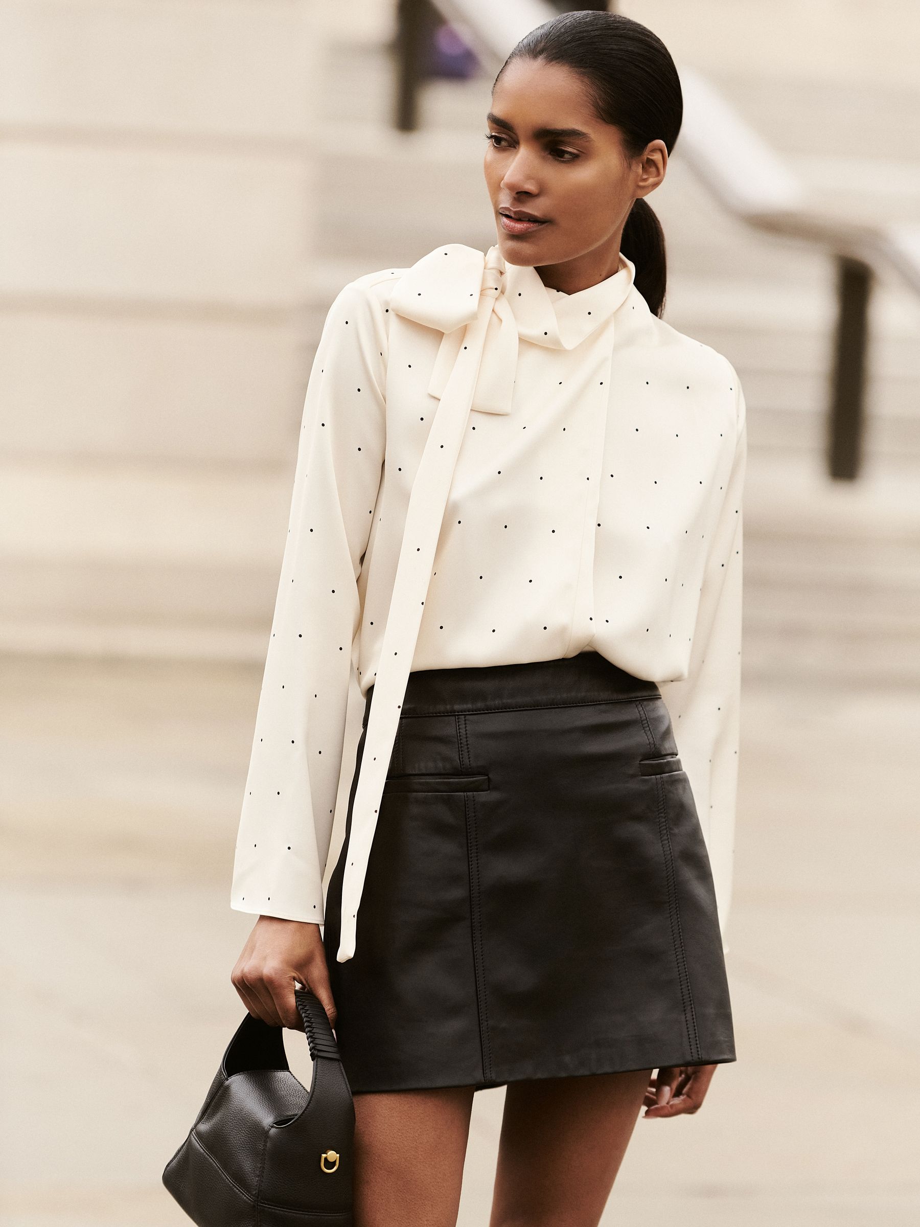 Satin Polka Dot Tie Neck Blouse in Ivory