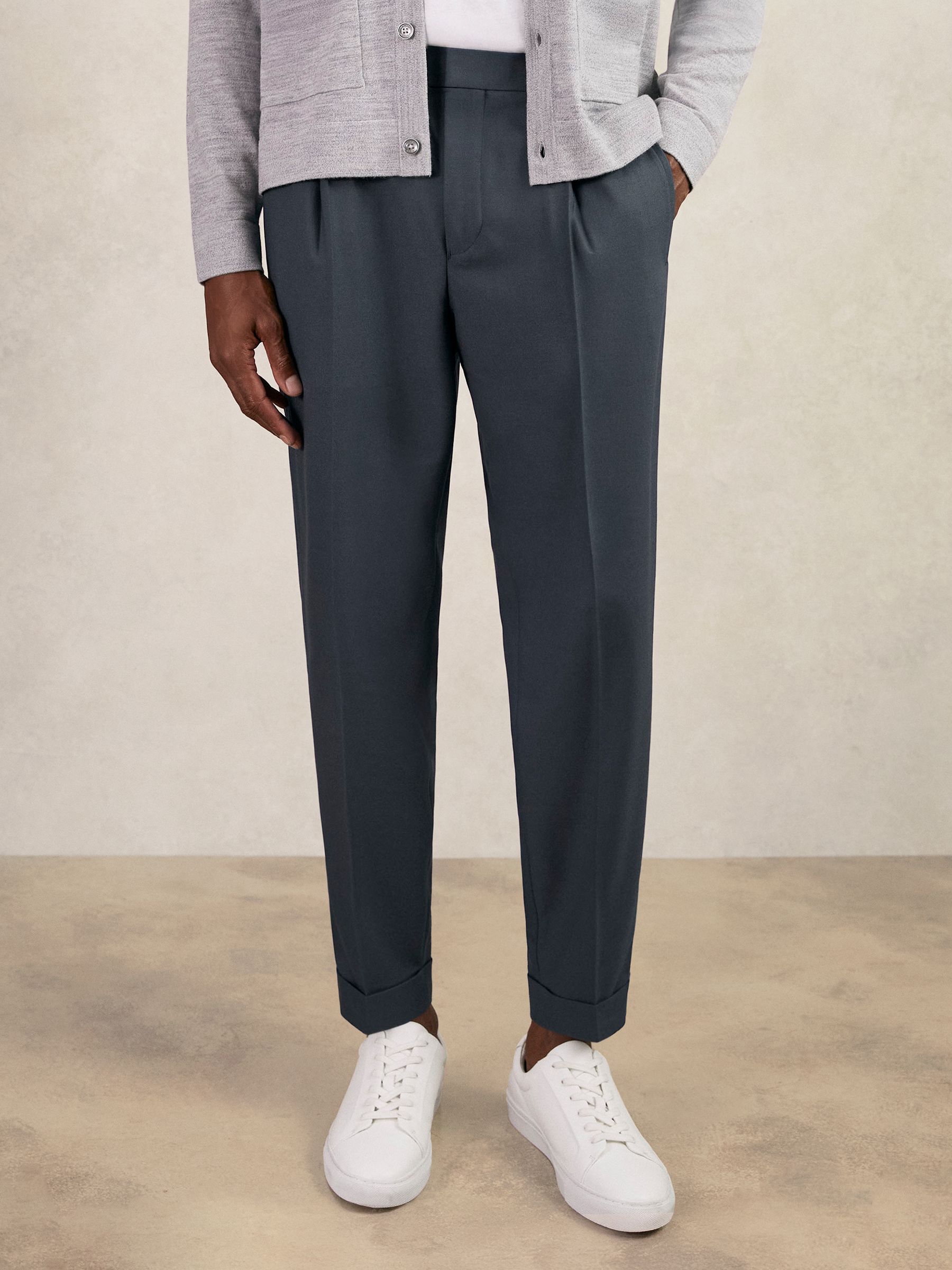 Relaxed Drawstring Trousers with Turn-Ups in Steel Blue