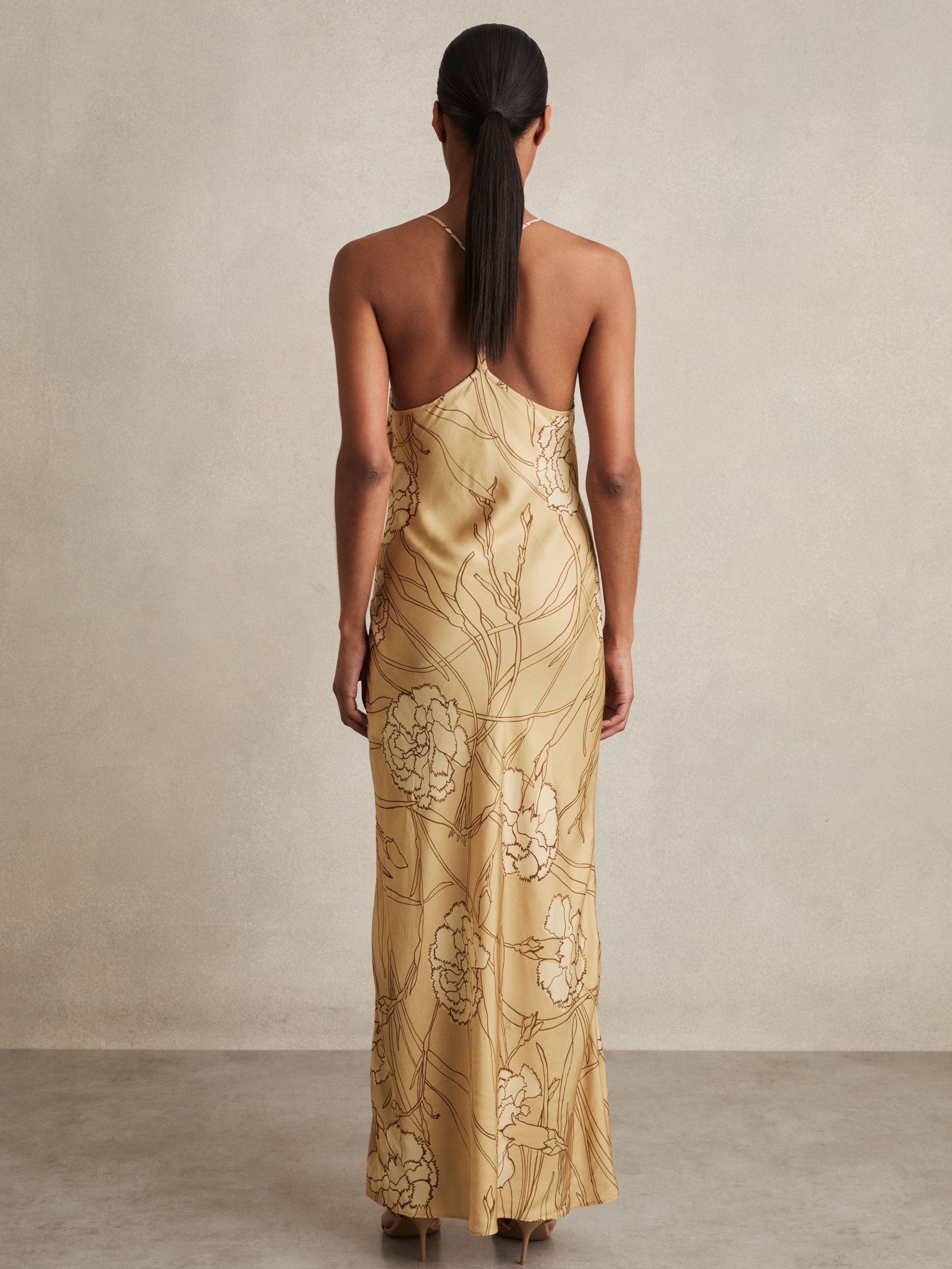 Satin Floral-Print Slip Maxi Dress in Gold