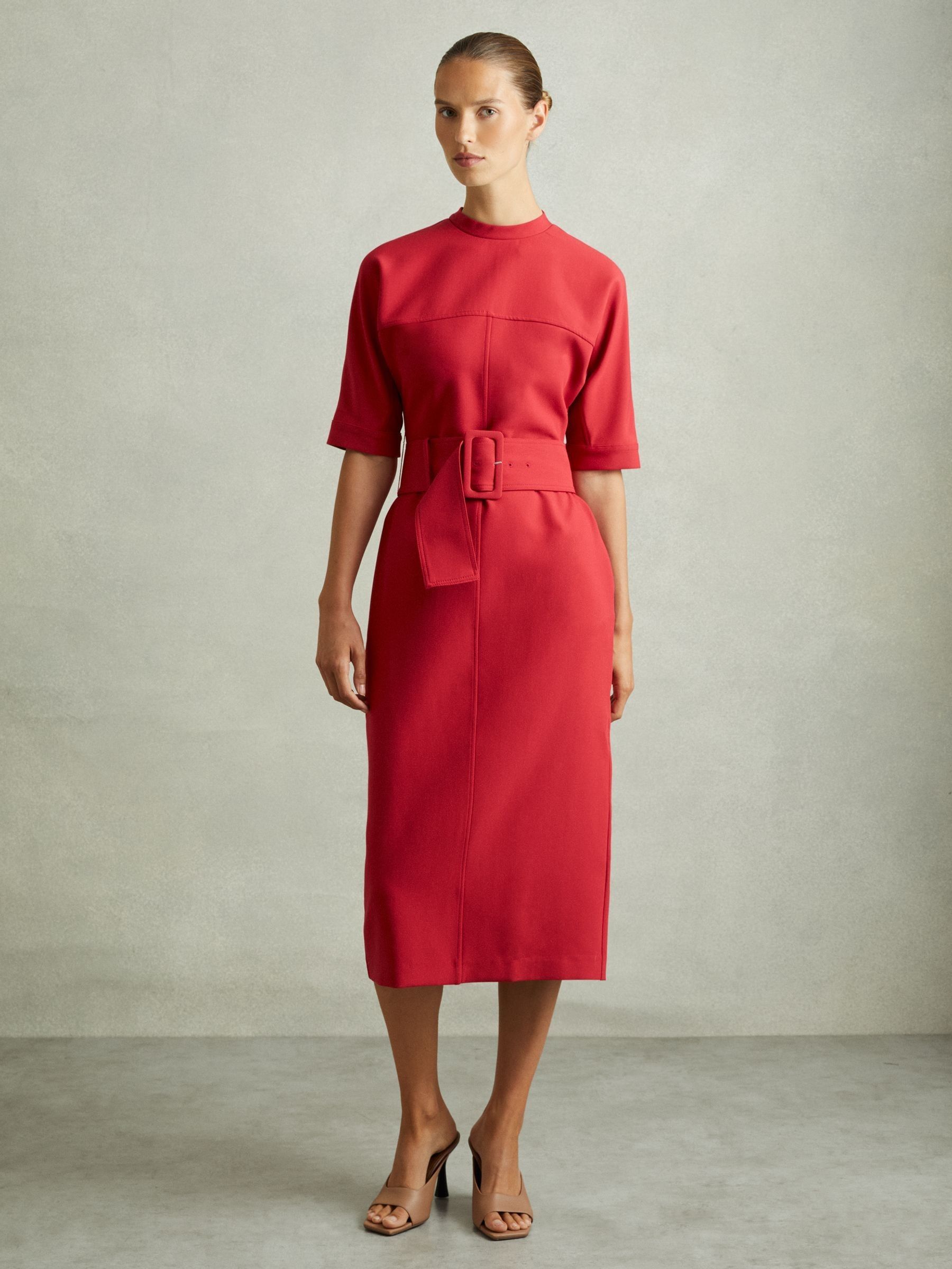 Belted Midi Dress in Red