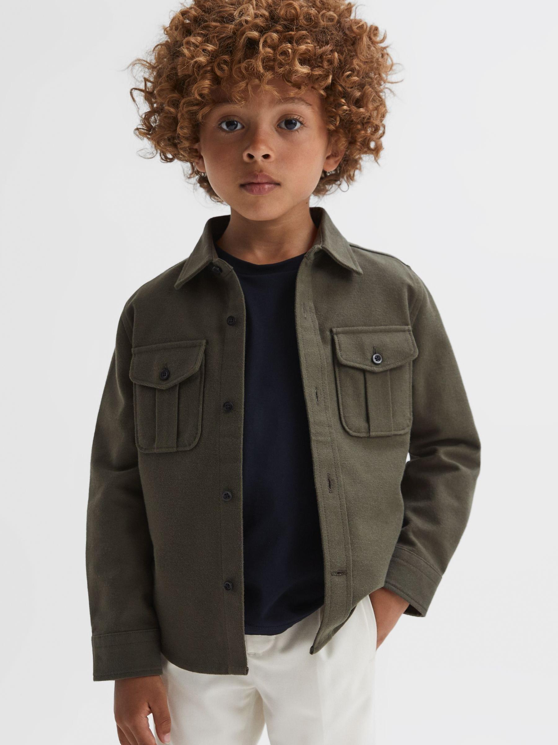 Senior Brushed Cotton Patch Pocket Overshirt in Pine Green