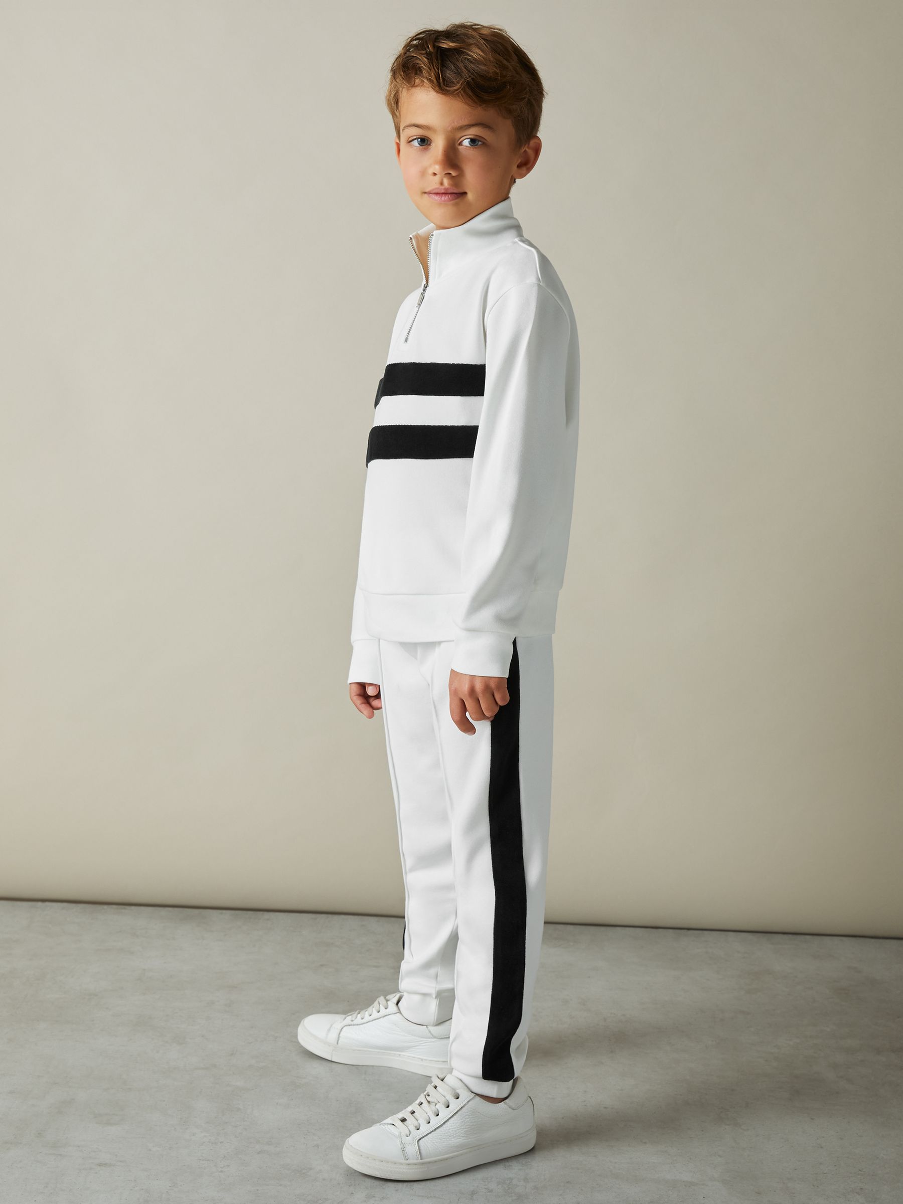 9-13 yrs Interlock Velour-Stripe Joggers in White/Emerald Green