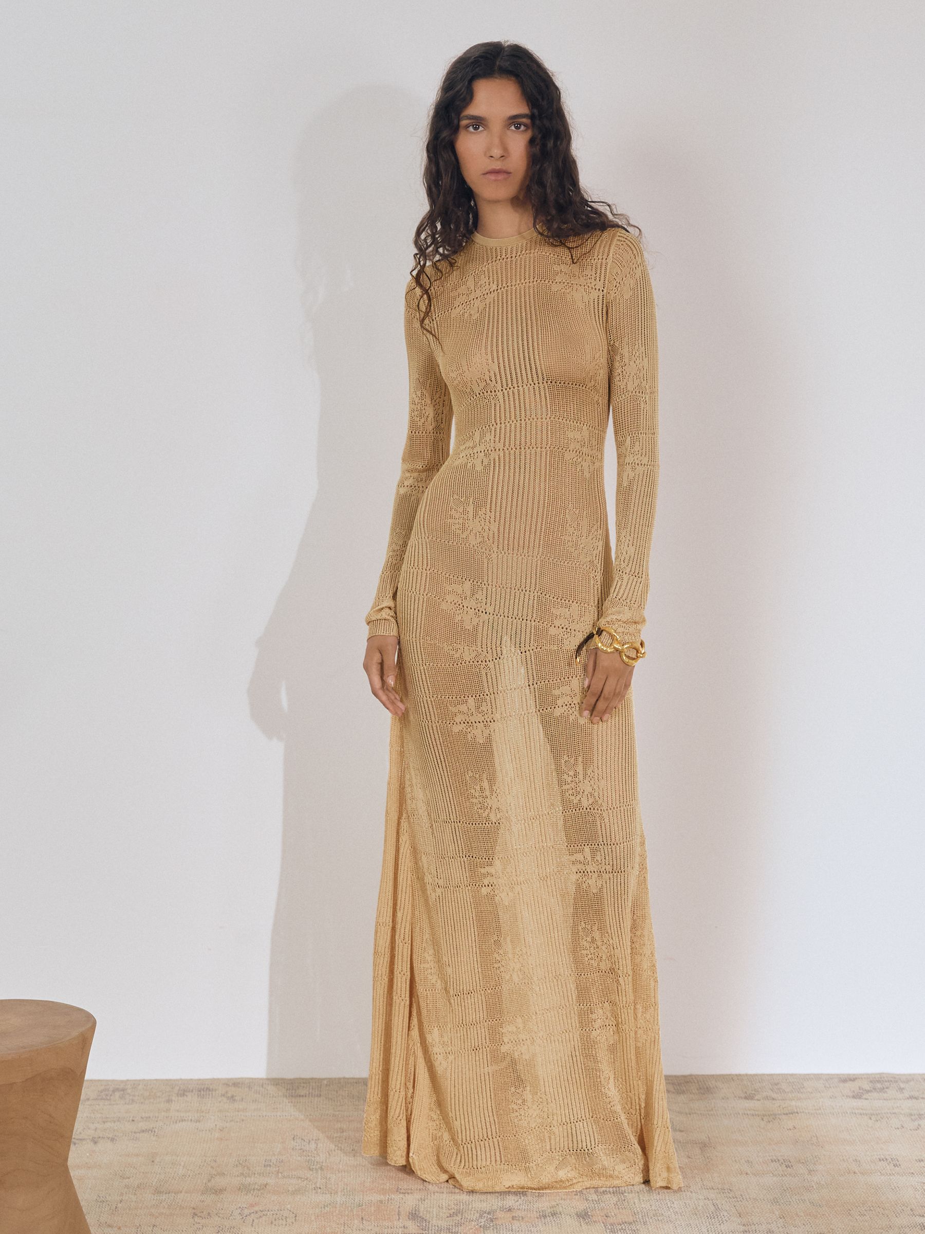 Lace-Knit Ruched Maxi Dress in Gold