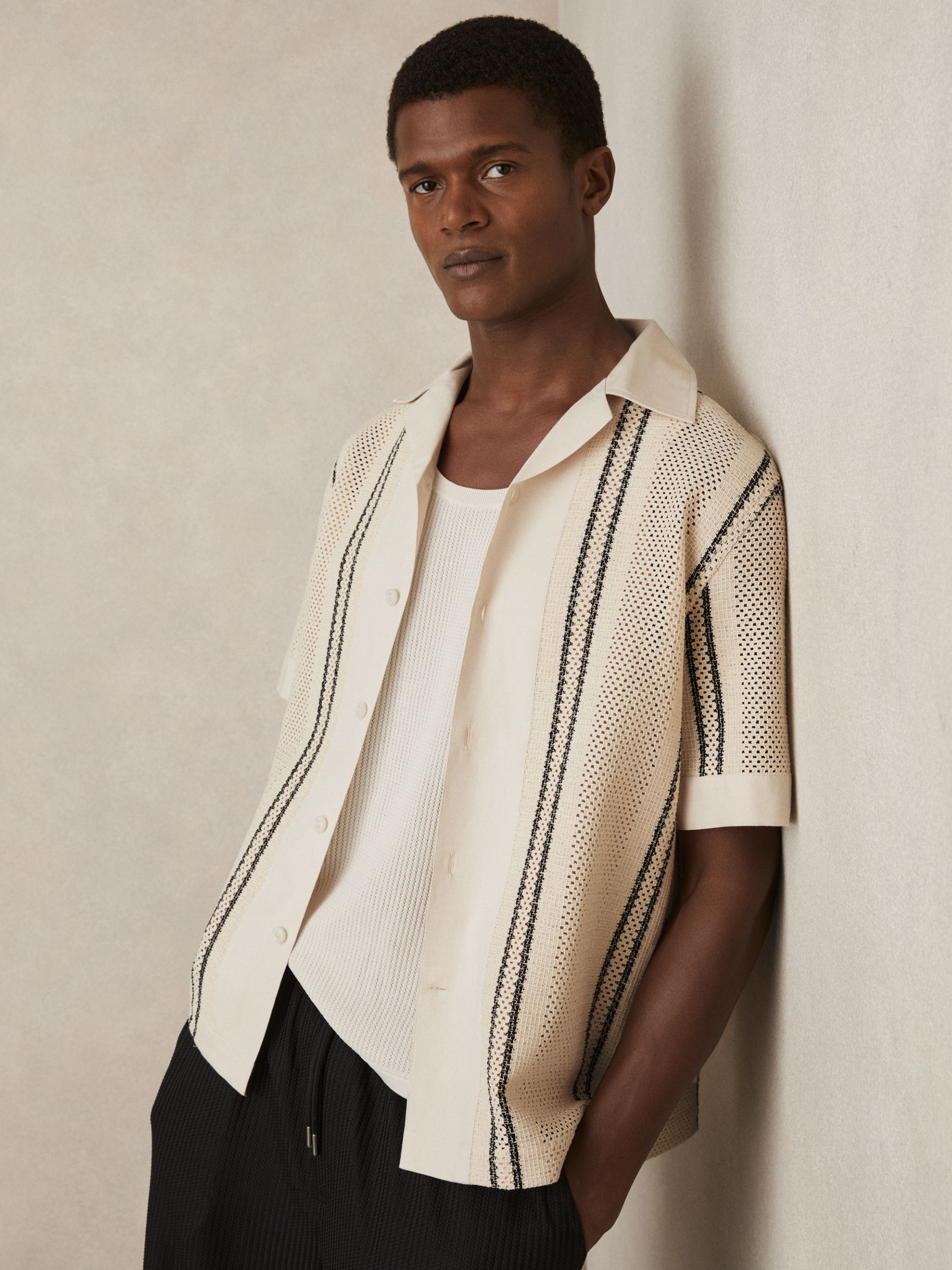 Crochet Stripe Cuban-Collar Shirt in Off White/Navy