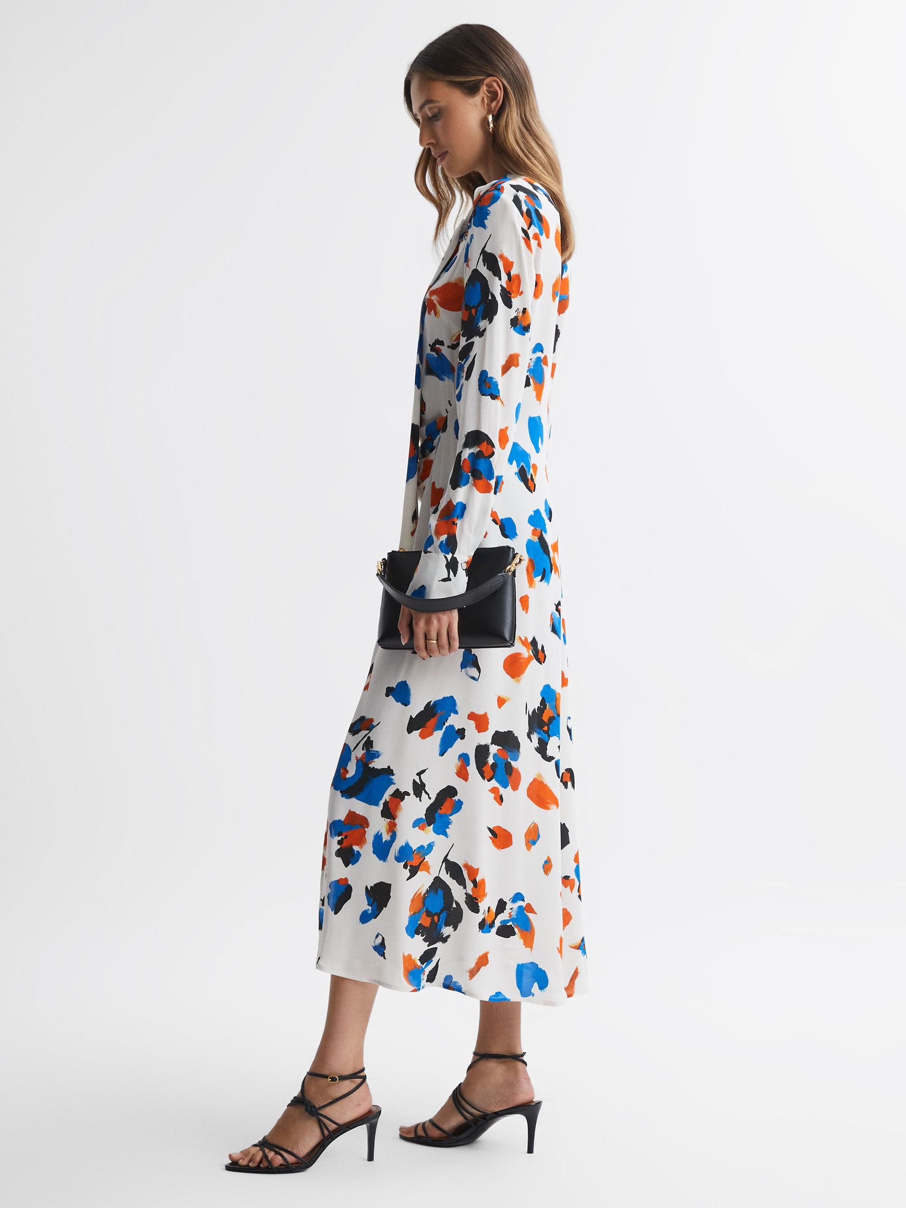 Printed Tie Neck Midi Dress in Blue