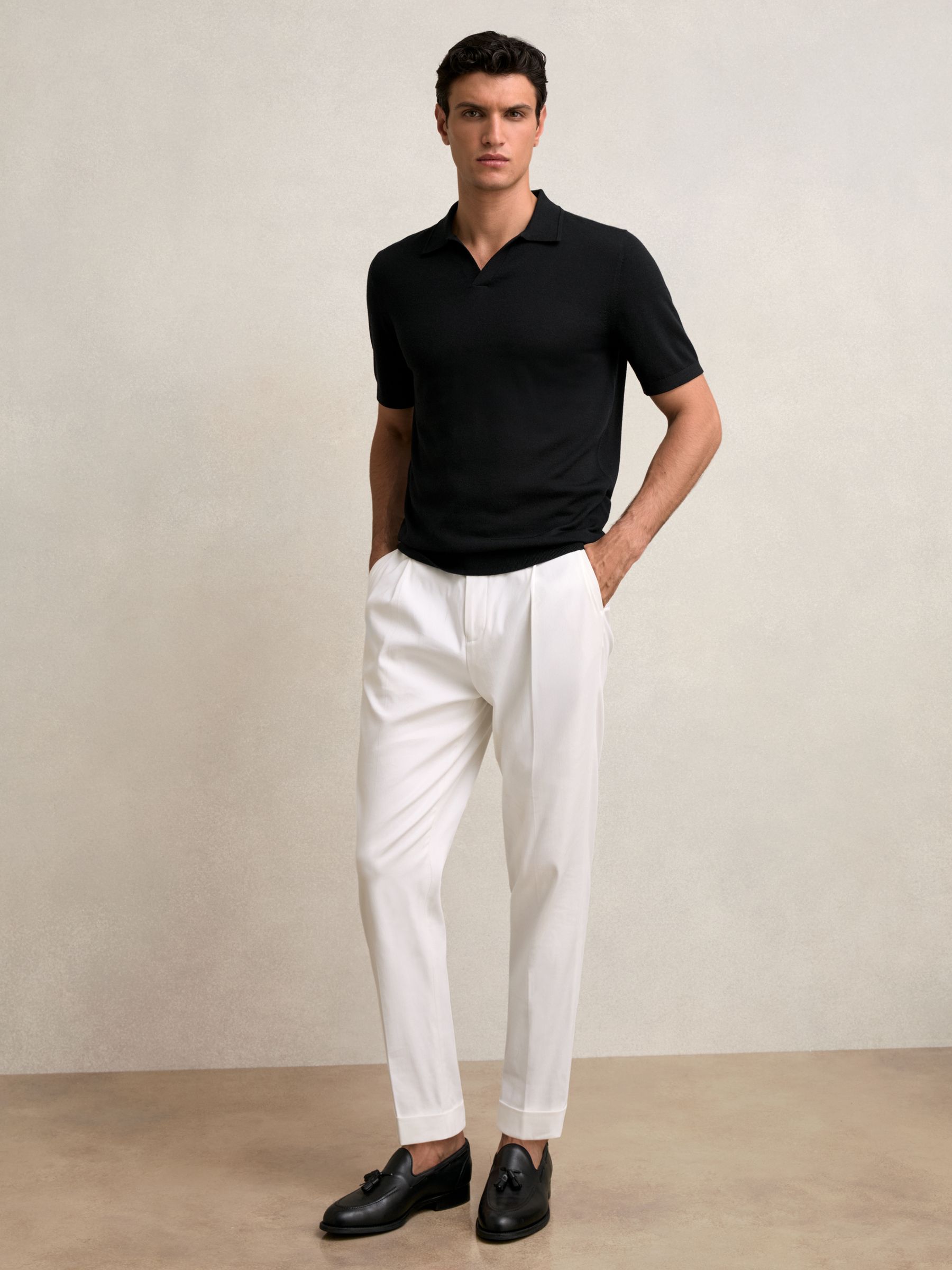 Merino Wool Open-Collar Polo Shirt in Black