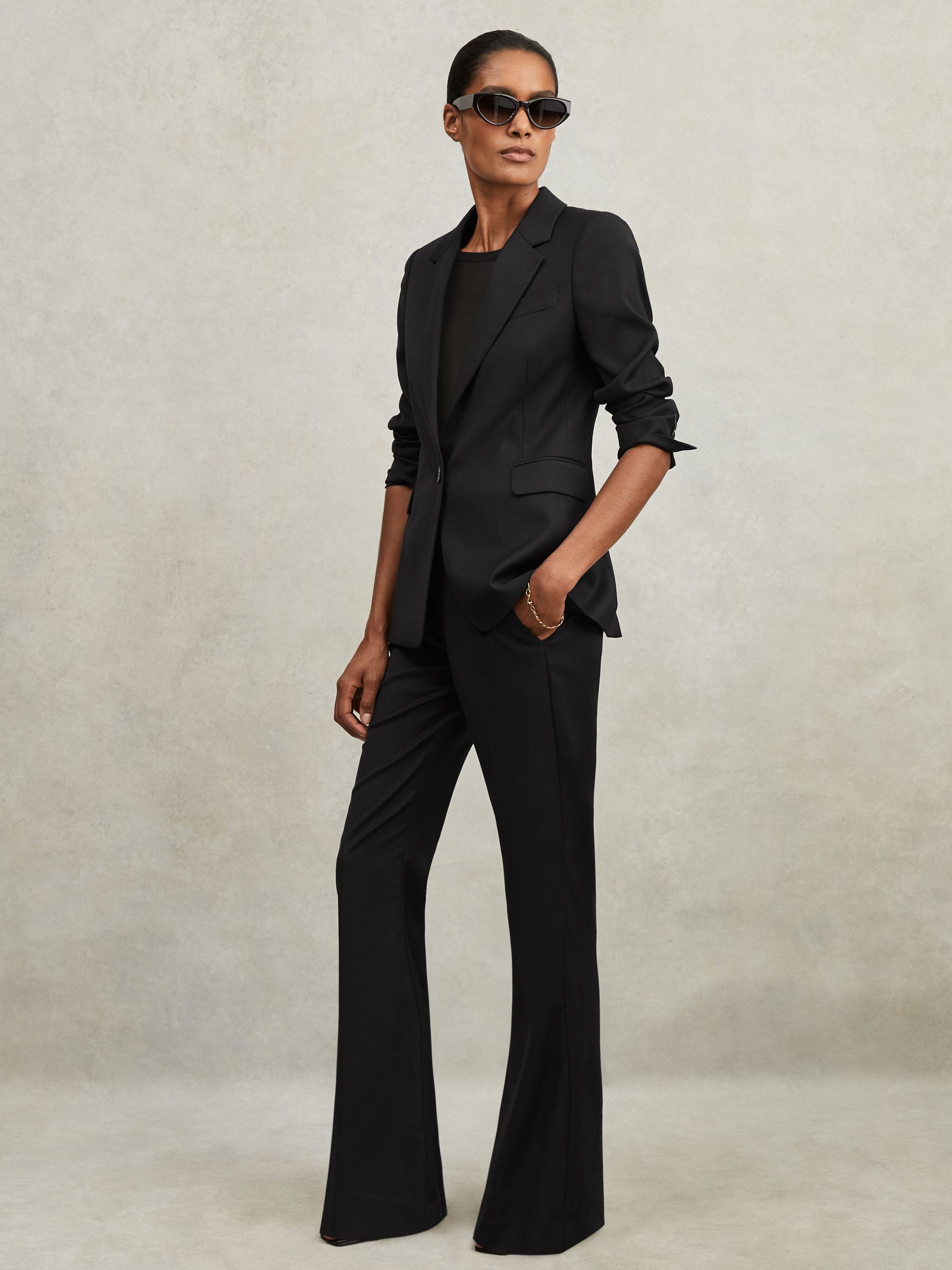 Petite Wool-Blend Tailored Flared Suit Trousers in Black