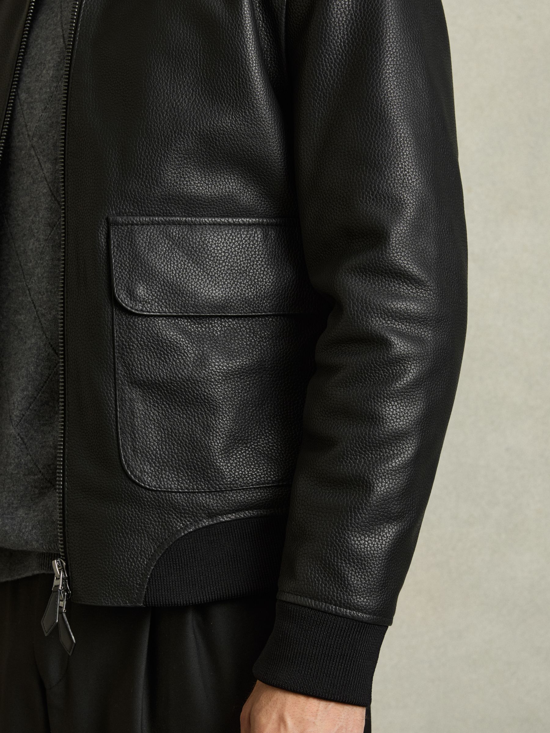 Pebbled-Leather Funnel-Neck Jacket in Black