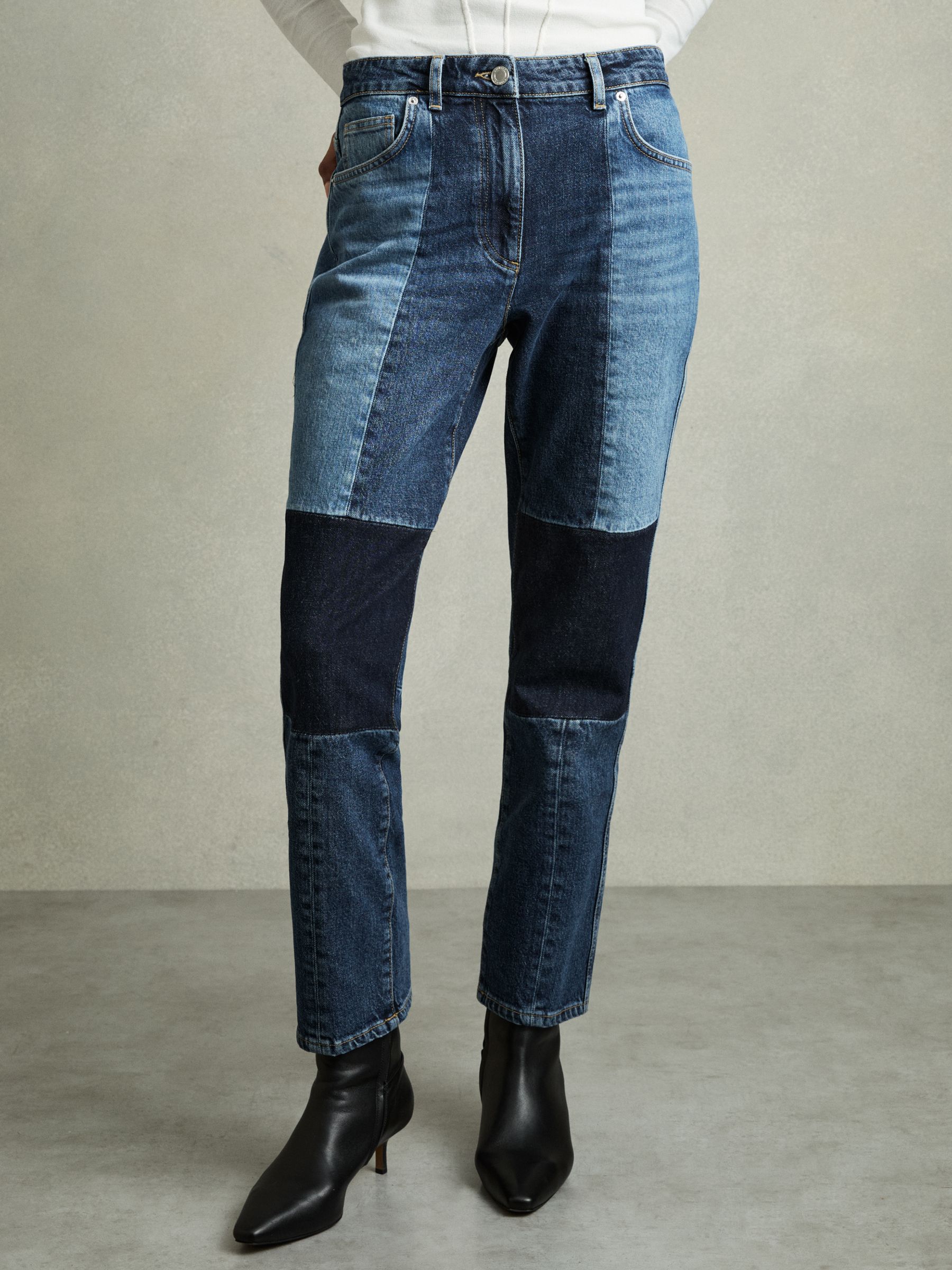 Straight-Leg Patchwork Jeans in Mid Blue