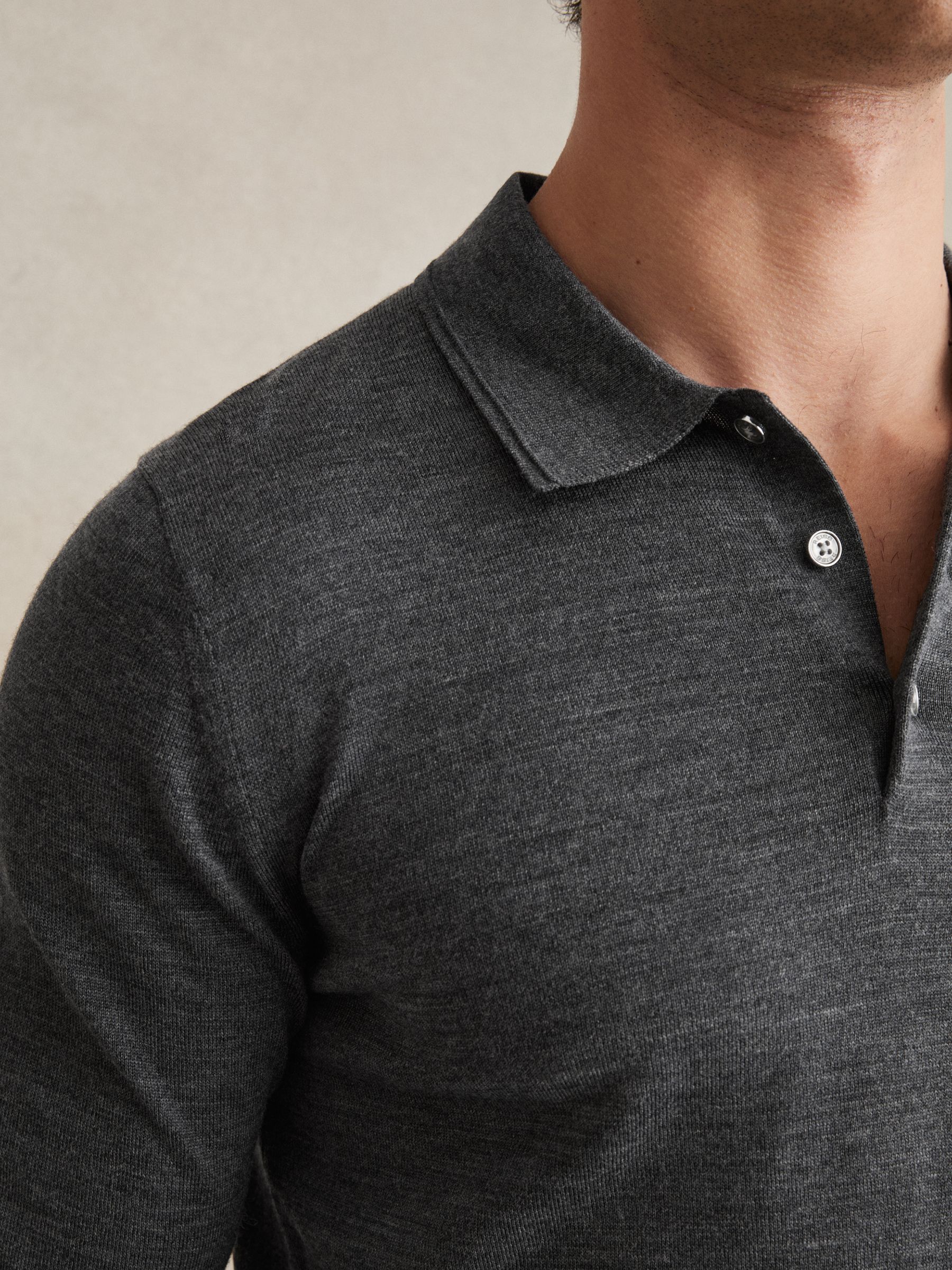 Merino Wool Long-Sleeve Polo Shirt in Derby Grey Marl