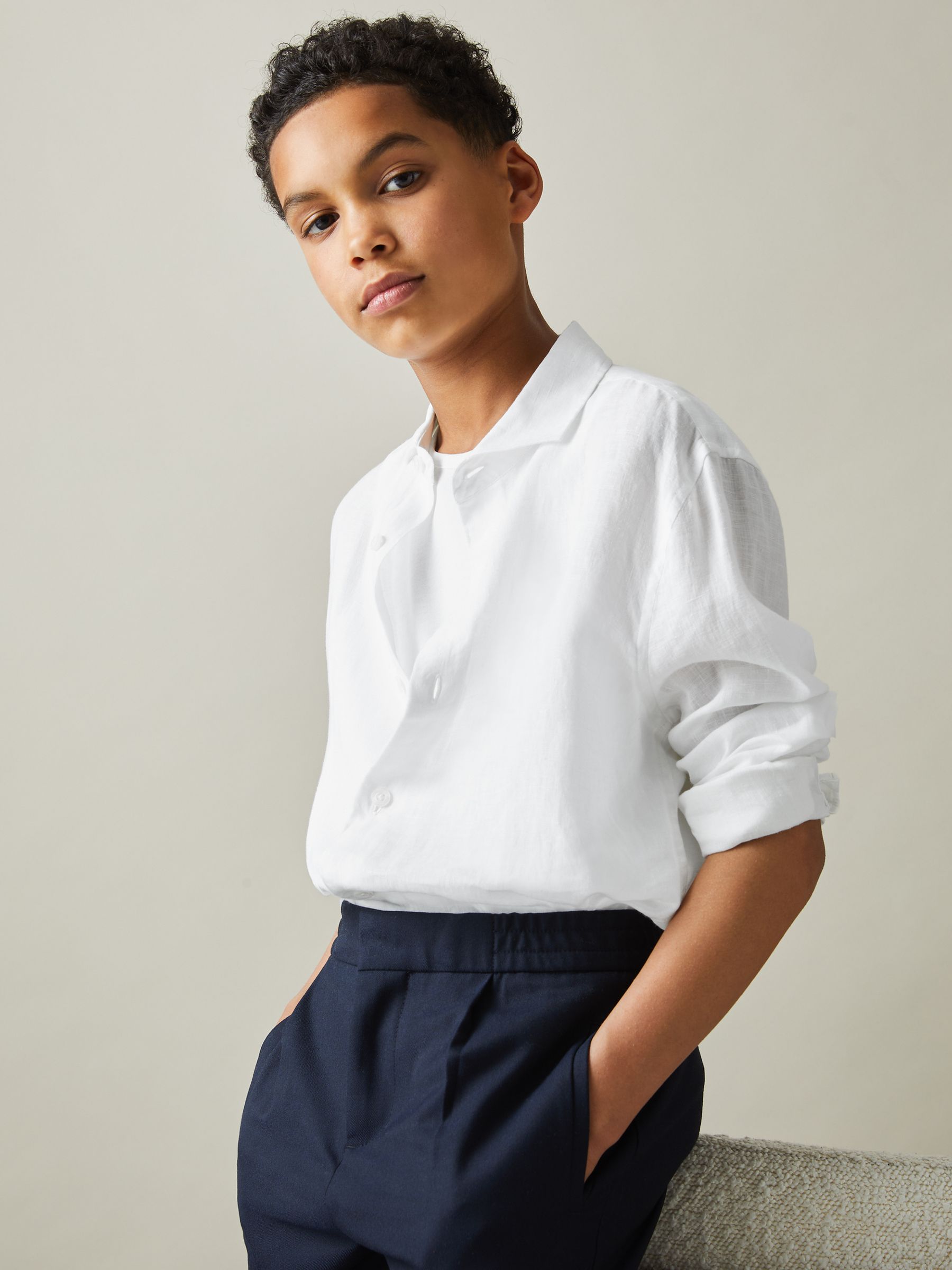 9-13 yrs Striped Linen Cutaway Collar Shirt in White