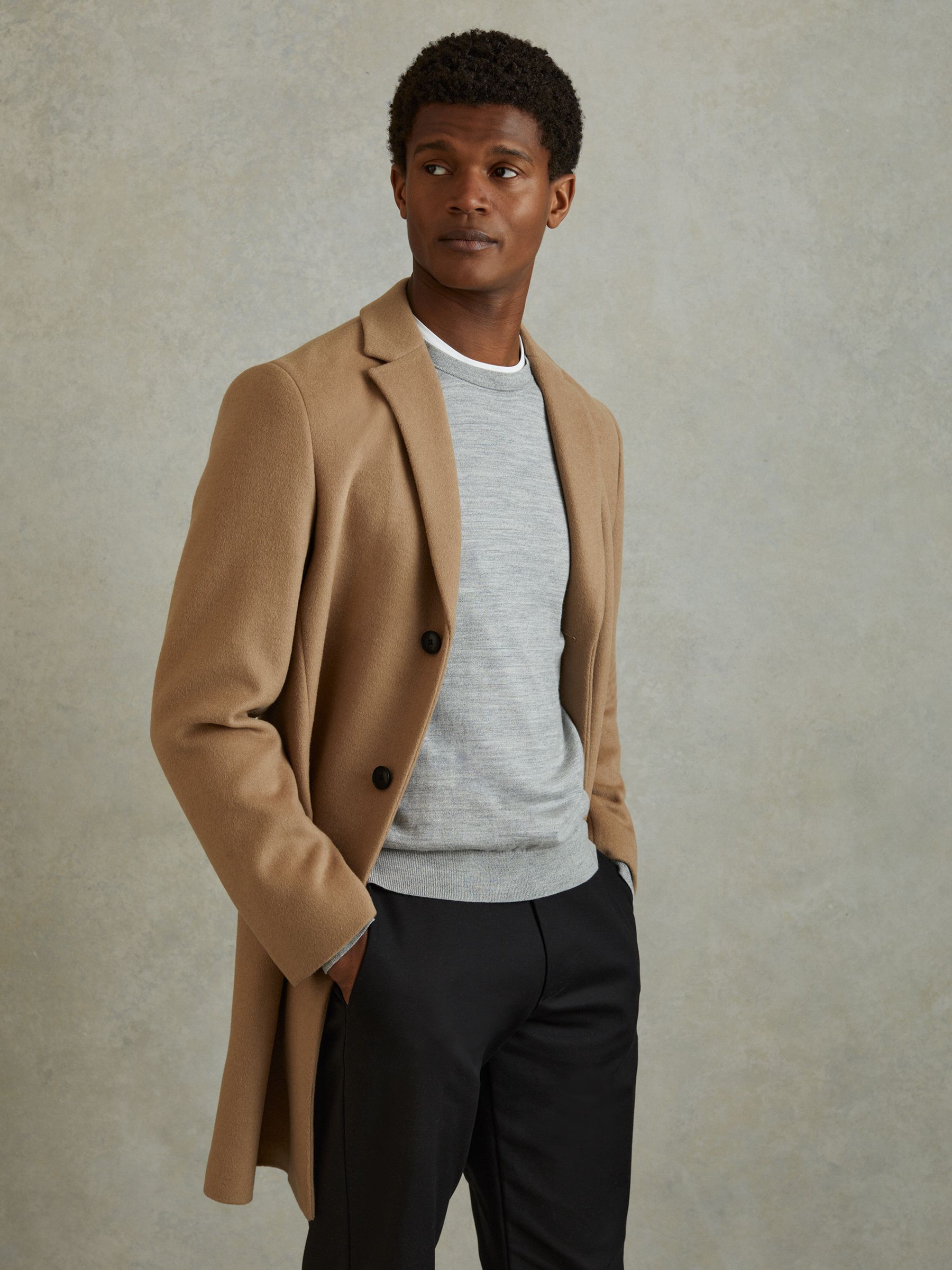 Wool Blend Single Breasted Epsom Overcoat in Camel