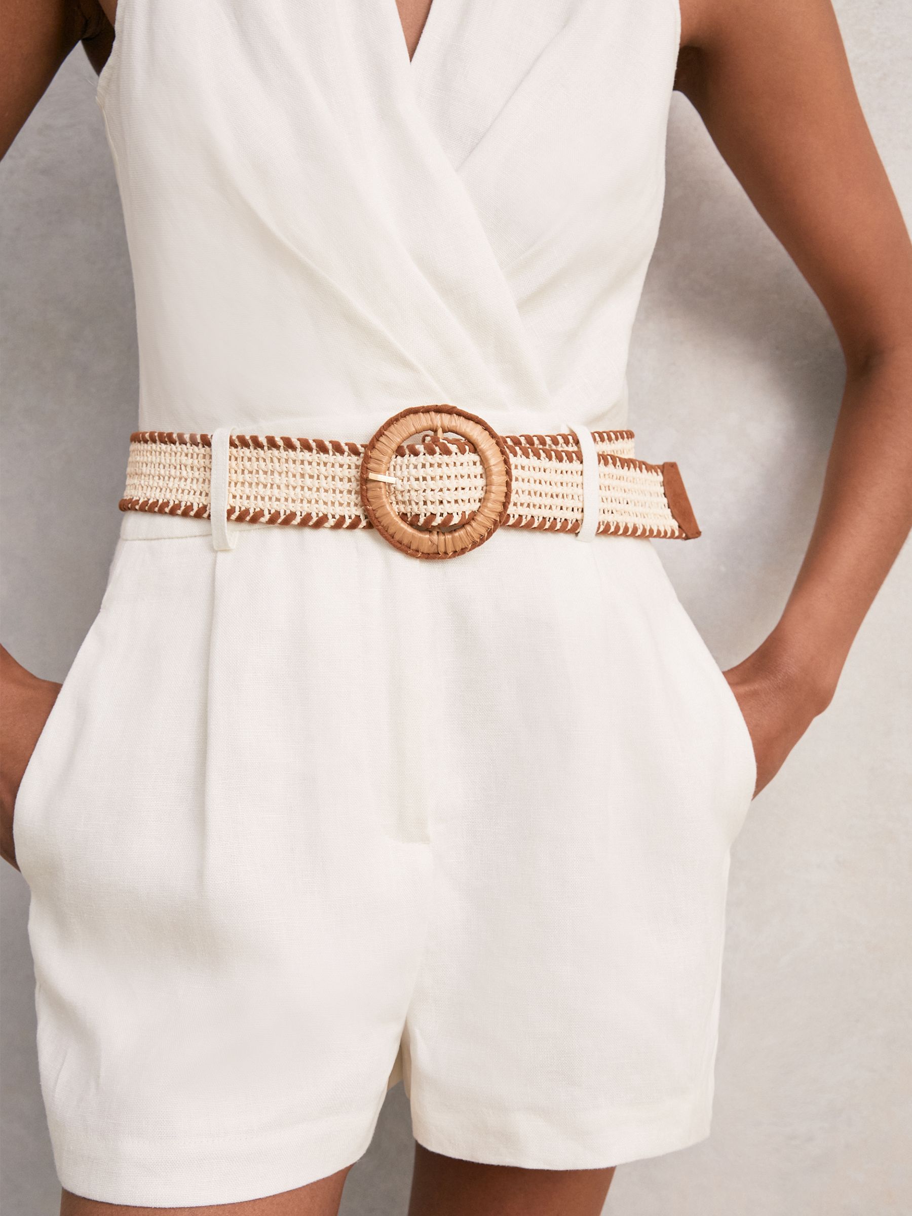 Linen Belted Sleeveless Wrap Playsuit in Cream