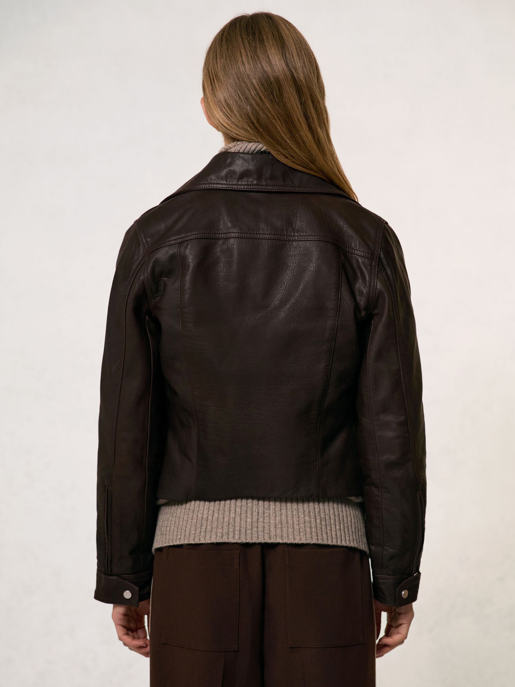 Petite Suede-Lapel Leather Biker Jacket in Chocolate Brown